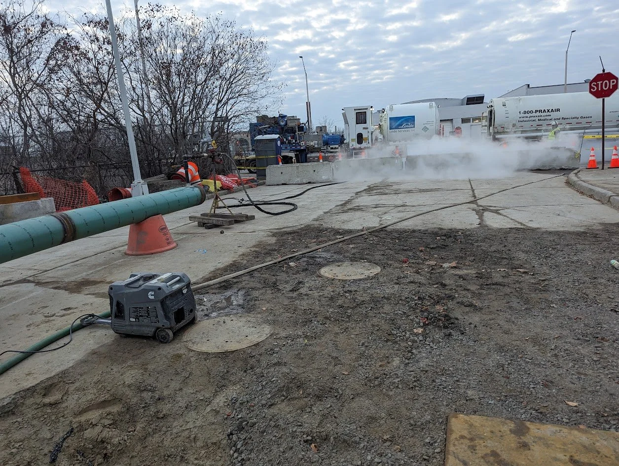 Pipeline during pressure testing at construction site