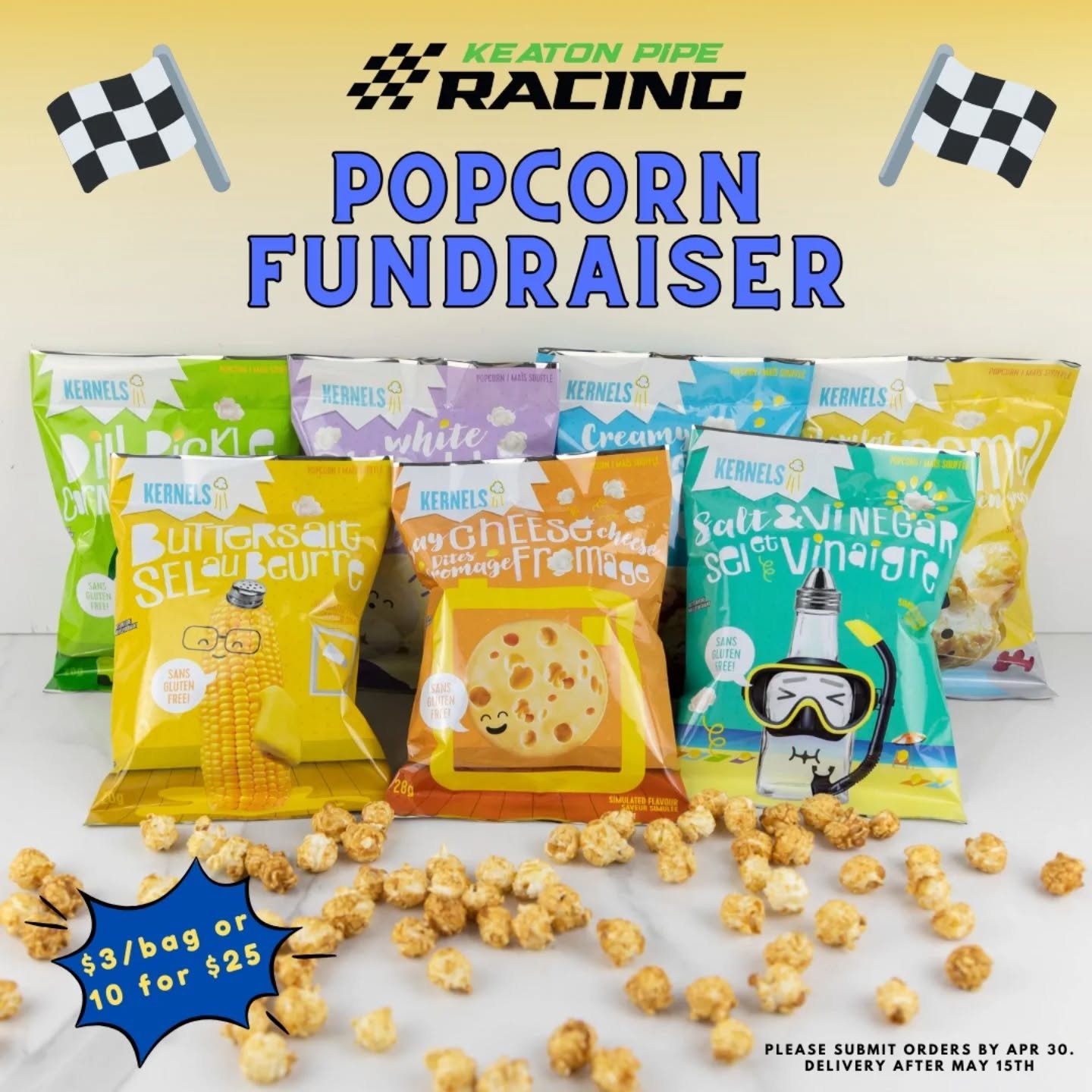 Our Popcorn Fundraiser is back! 🍿🏁
These bags of @kernelspopcorn come in a variety of tasty flavours that are enjoyed by both kids & adults! They are a delicious snack, a fun party favour or creative addition to any group event.😃🍿
Please pl