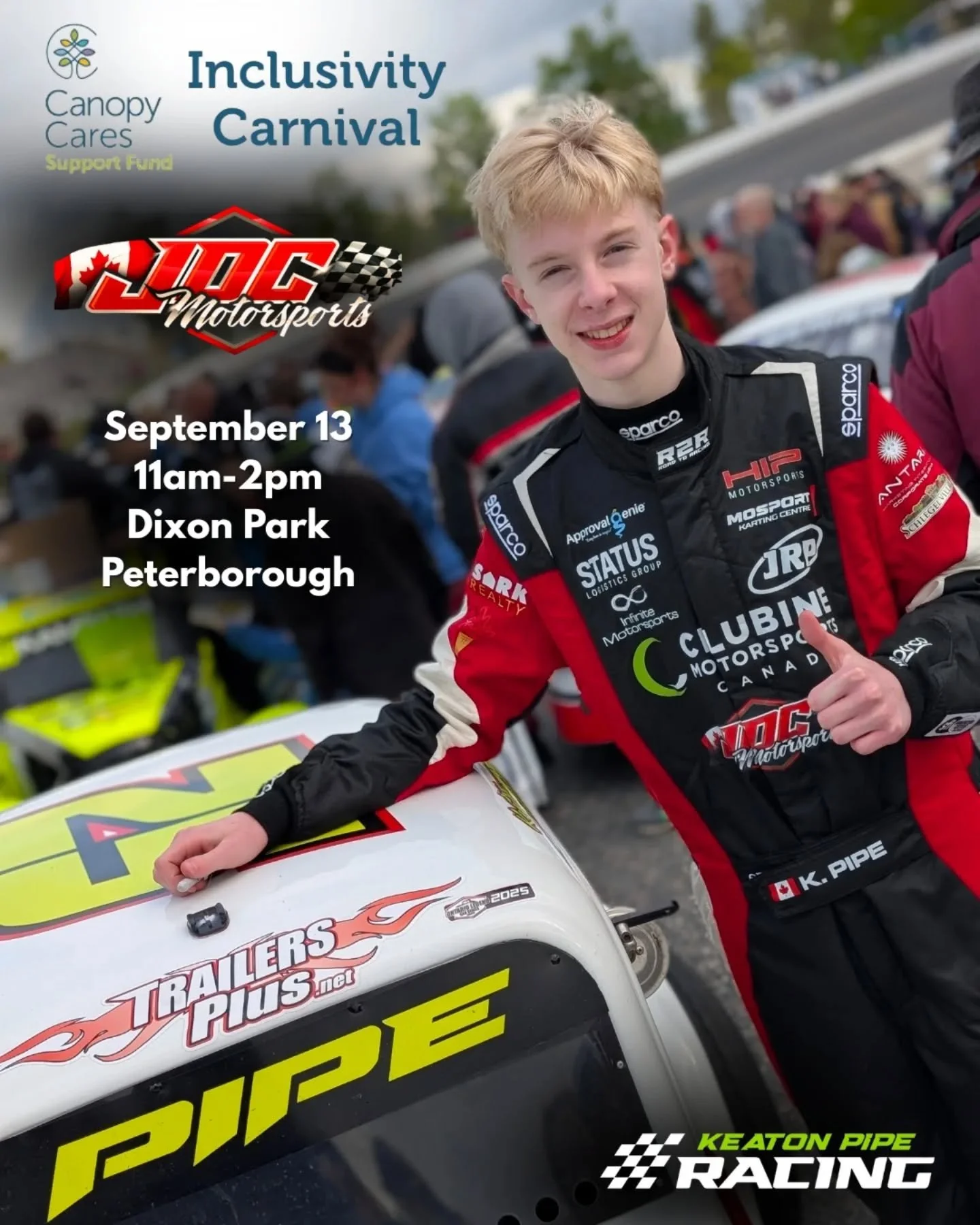 Excited to announce a new community outreach event I am joining in alongside JDC Motorsports!
On September 13 the JDC team will be at The 3rd annual Canopy Cares Inclusivity Carnival at Dixon Park in Peterborough! My JDC Motorsports #25 Legend