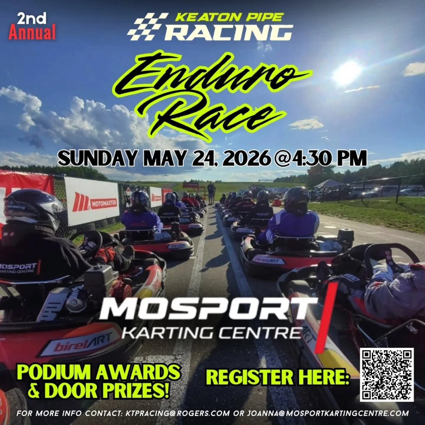 Its Back!! We are thrilled to announce the return of the Annual Keaton Pipe Racing Enduro Race at Mosport Karting Centre, on Sunday May 24th at 4:30pm! 

Assemble your team of 3 or 4 drivers to take on the 2 hr endurance race and join us for an epic 