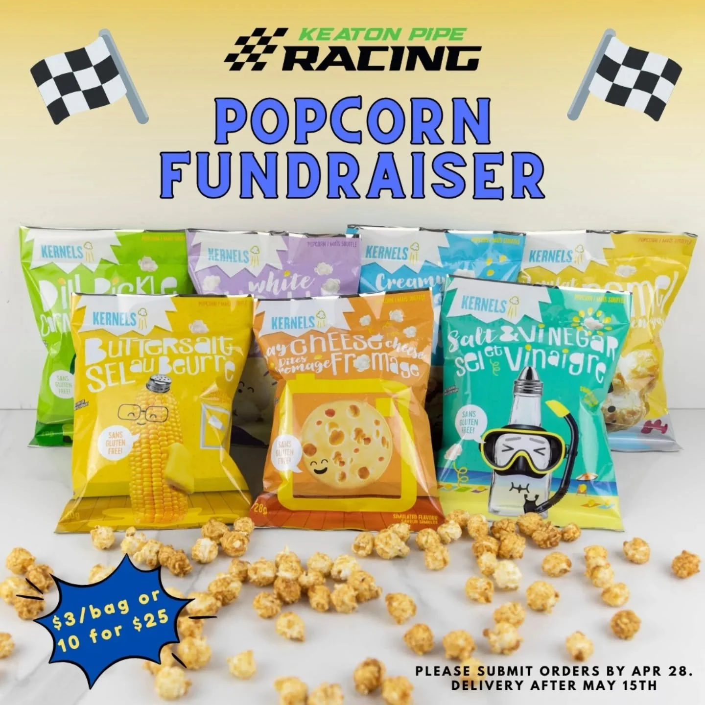 It's that time! Our Popcorn Fundraiser is back! 🍿🏁

These bags of Kernels Popcorn come in a variety of tasty flavours that are enjoyed by both kids &amp; adults! They are a delicious snack, a fun party favour or creative addition to any group event