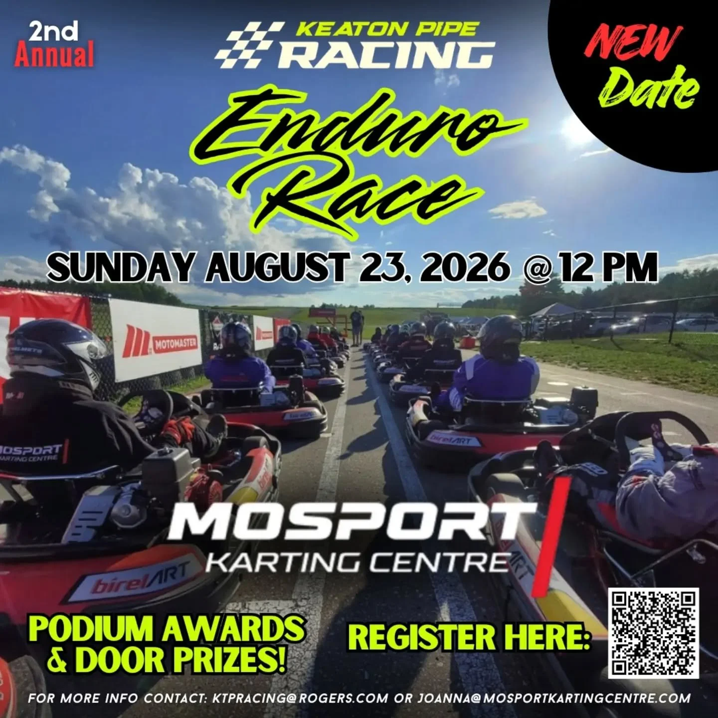 We are thrilled to announce the new date for the 2nd Annual Keaton Pipe Racing Enduro Race at Mosport Karting Centre, on Sunday August 23rd at 12pm! 

Assemble your team of 3 or 4 drivers to take on the 2 hr endurance race and join us for an epic nig