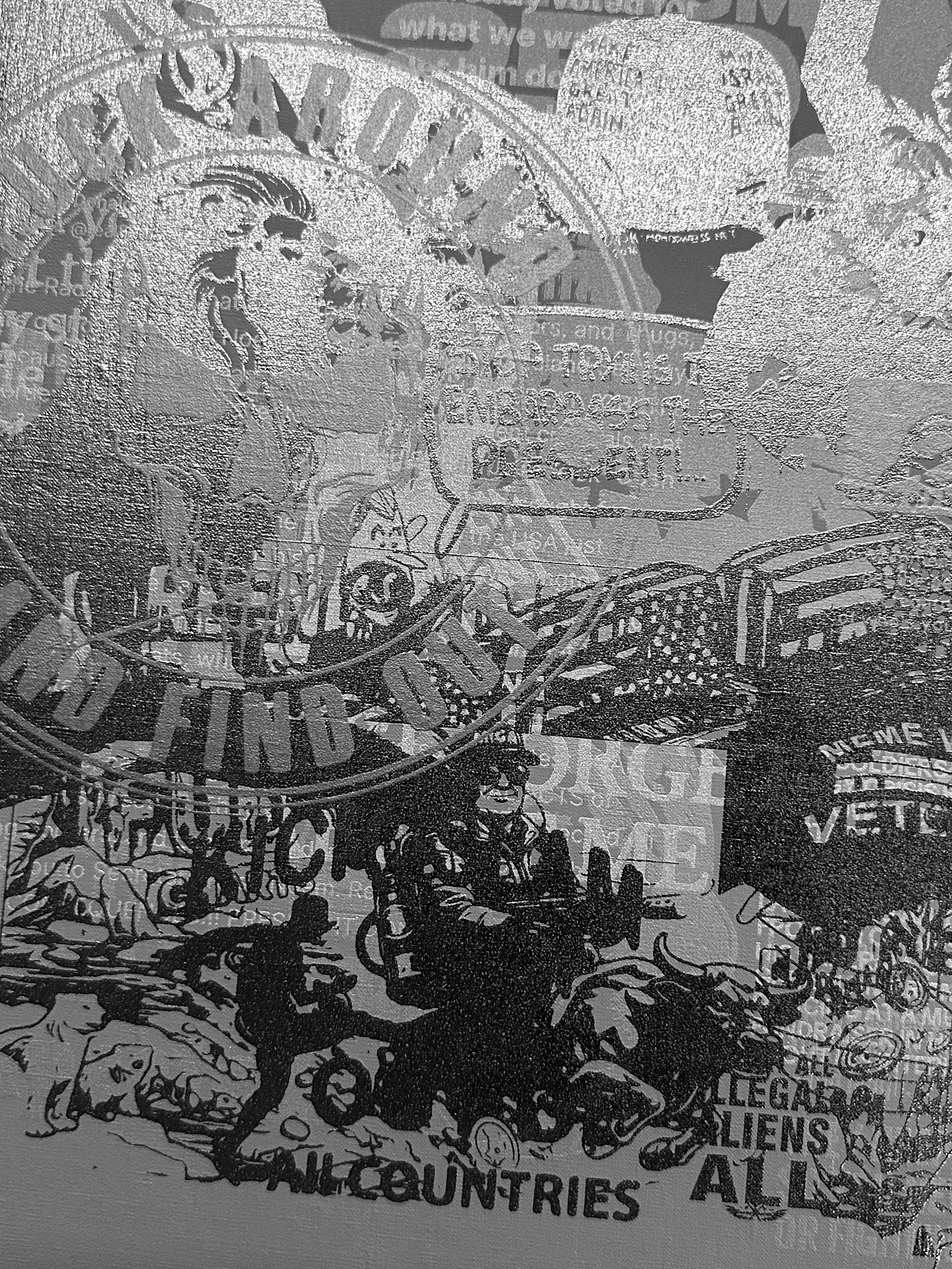 M 1.26 (detail of meme before the layers), screenprint on canvas, 41 x 72in, 2026