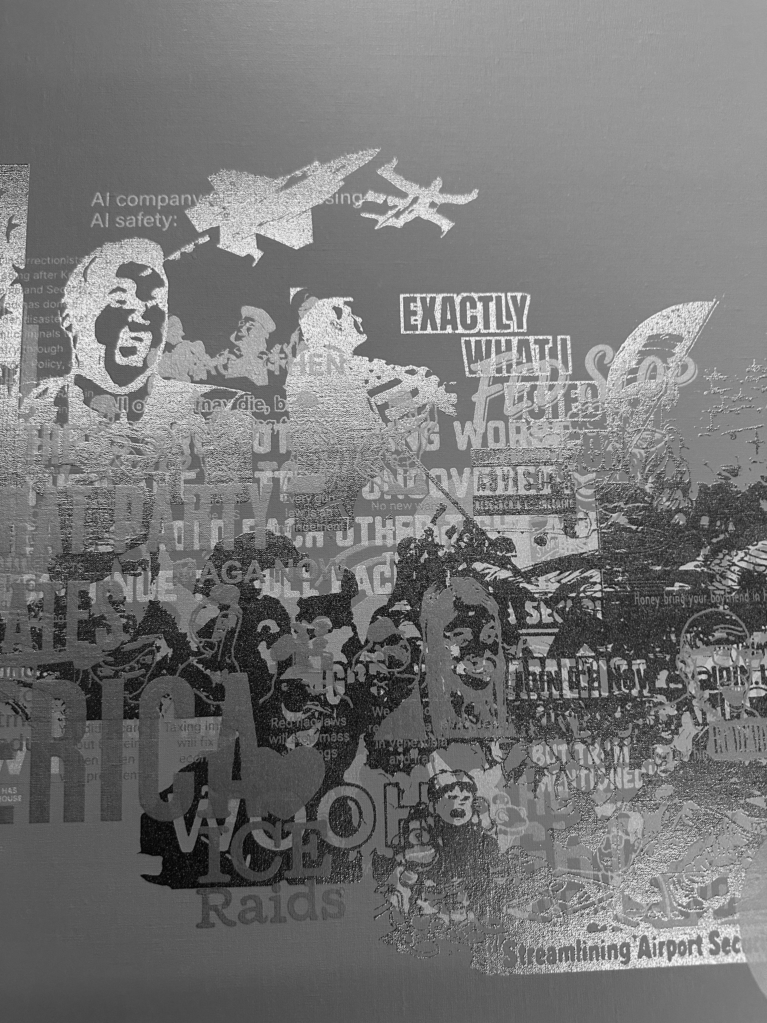 M 1.26 (detail of meme before the layers), screenprint on canvas, 41 x 72in, 2026