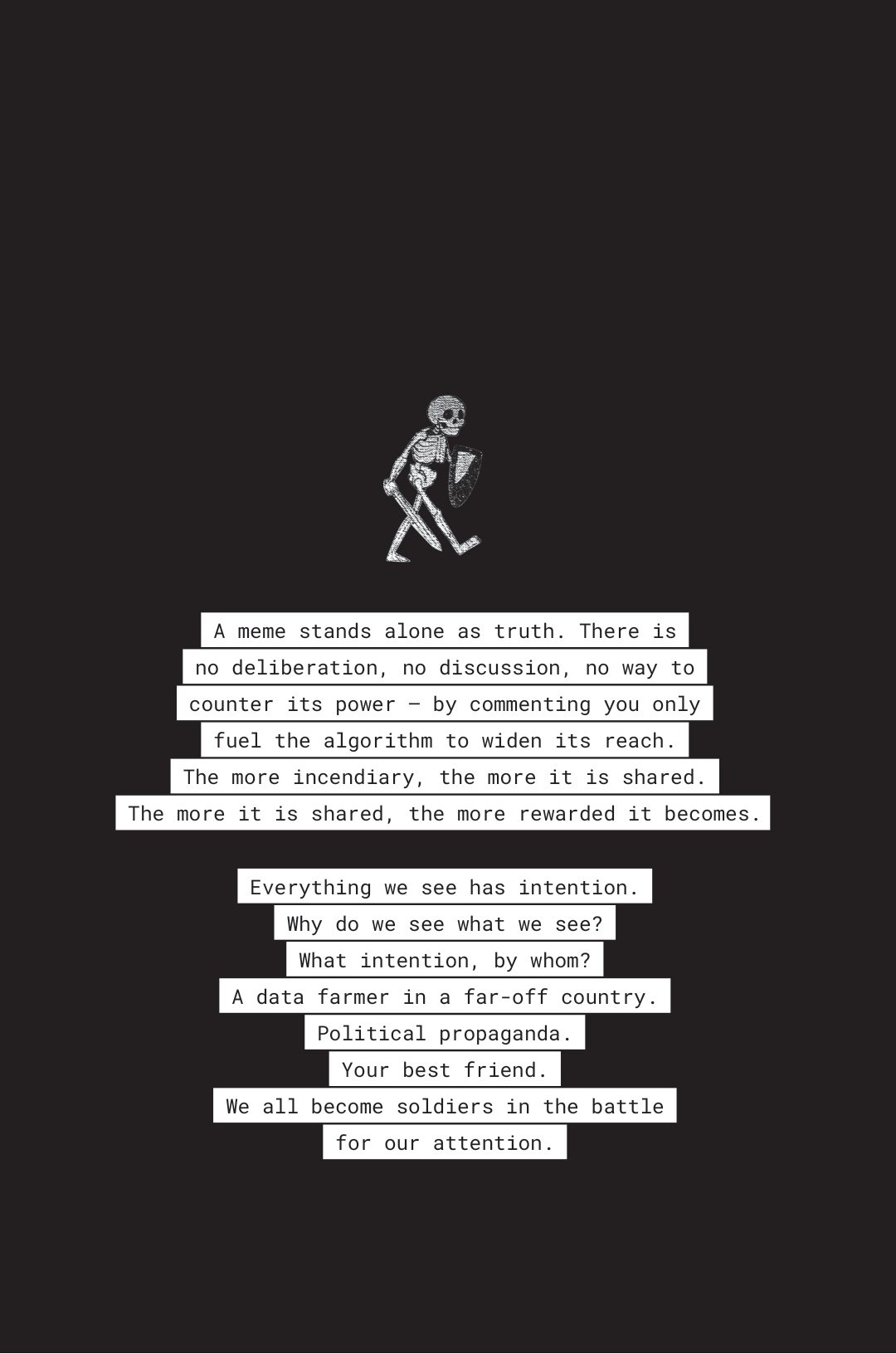 Text page from Cassandra Zampini’s MemeWarfare artist zine, reflecting on memes, propaganda, and the circulation of images through digital culture.