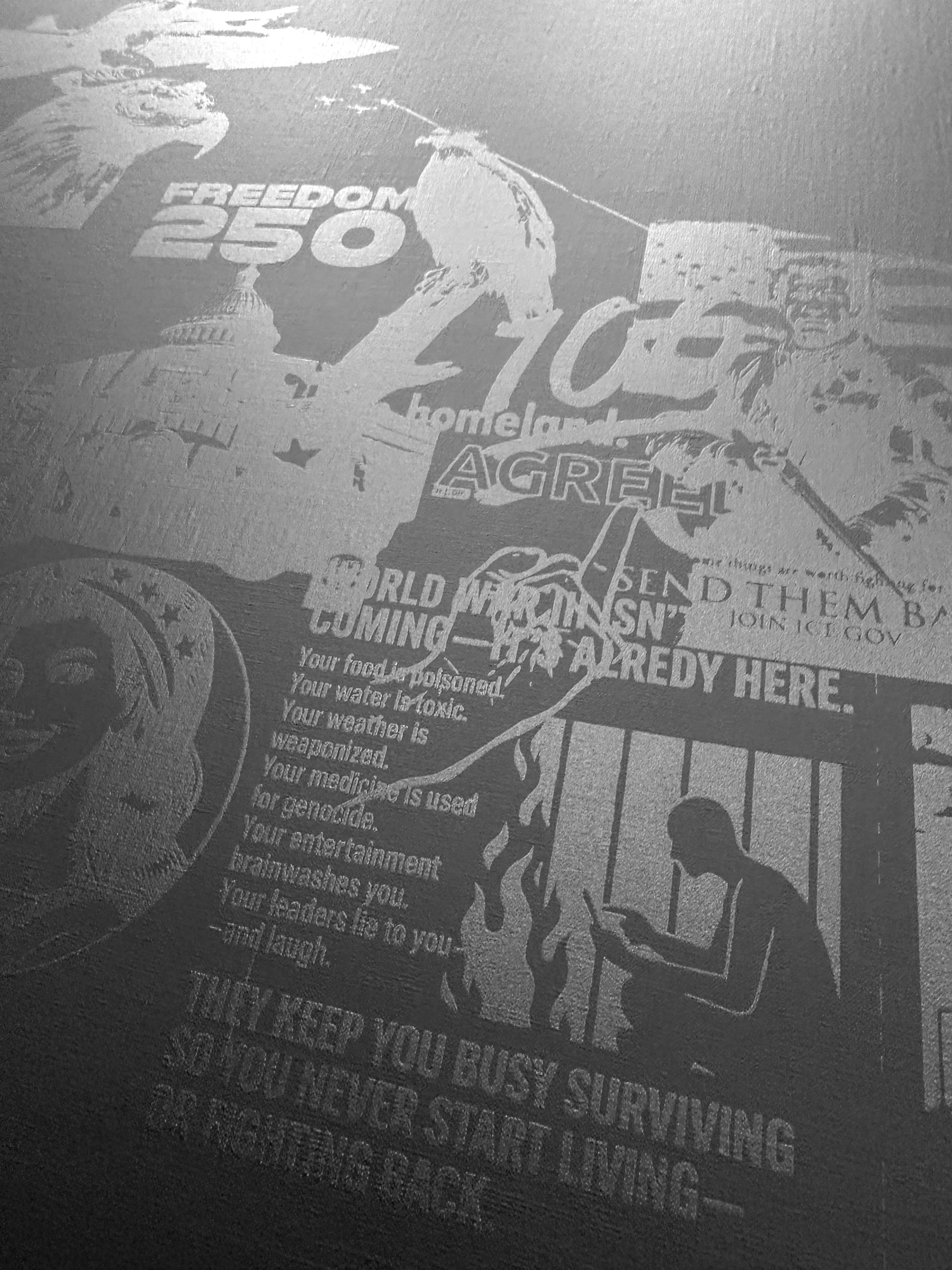 M 1.26 (detail of meme before the layers), screenprint on canvas, 41 x 72in, 2026