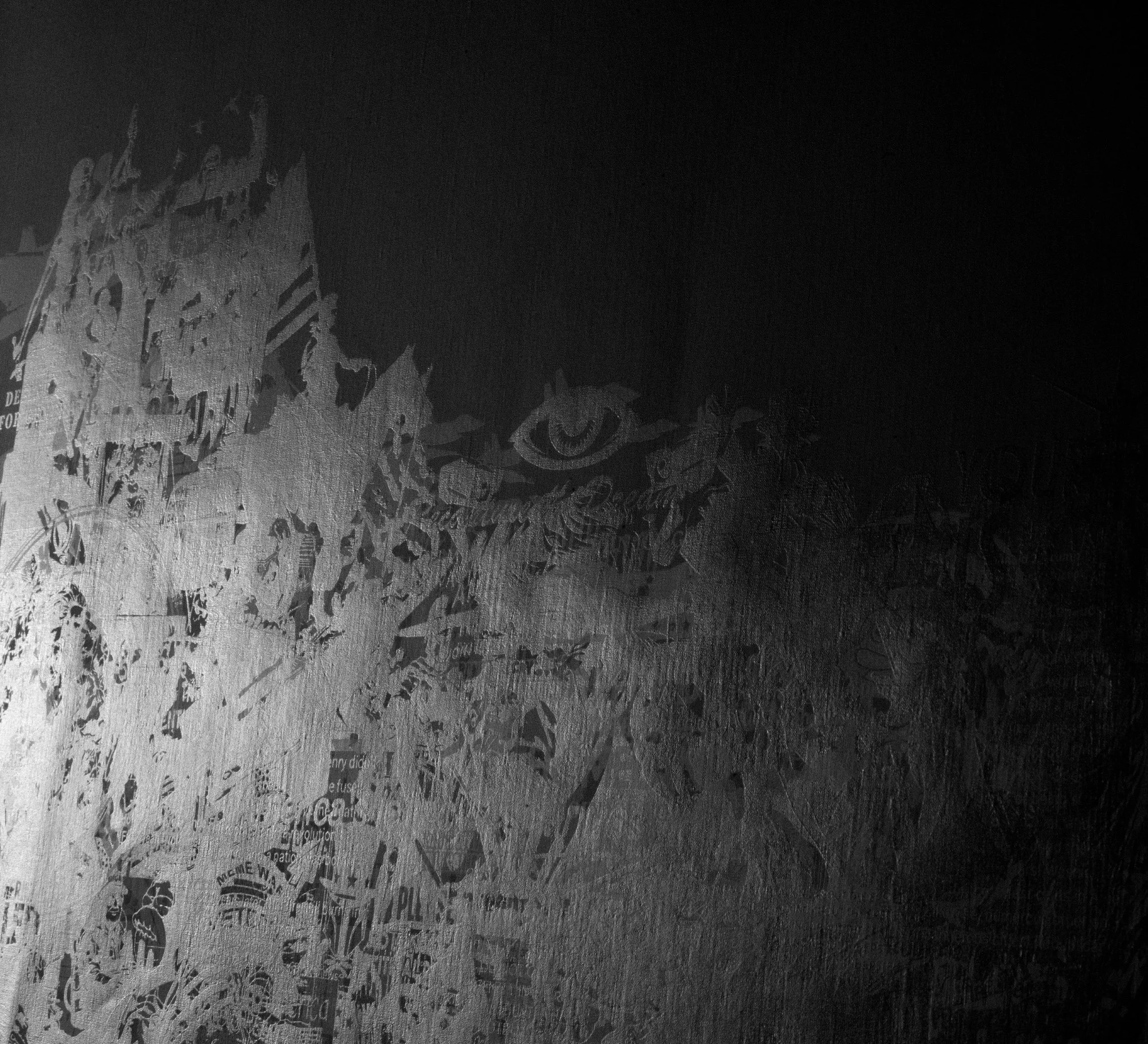 Detail of Cassandra Zampini’s Memes No. 2, showing overlapping meme imagery, figures, and fragments of text within black ink layers.