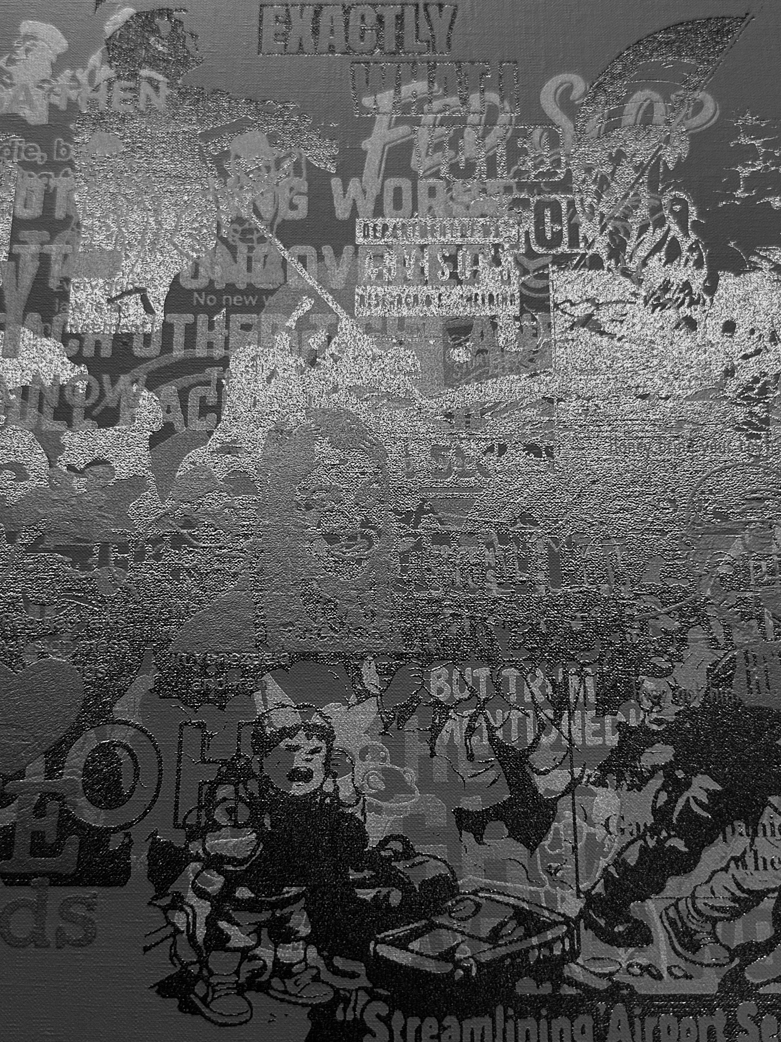 M 1.26 (detail of meme before the layers), screenprint on canvas, 41 x 72in, 2026