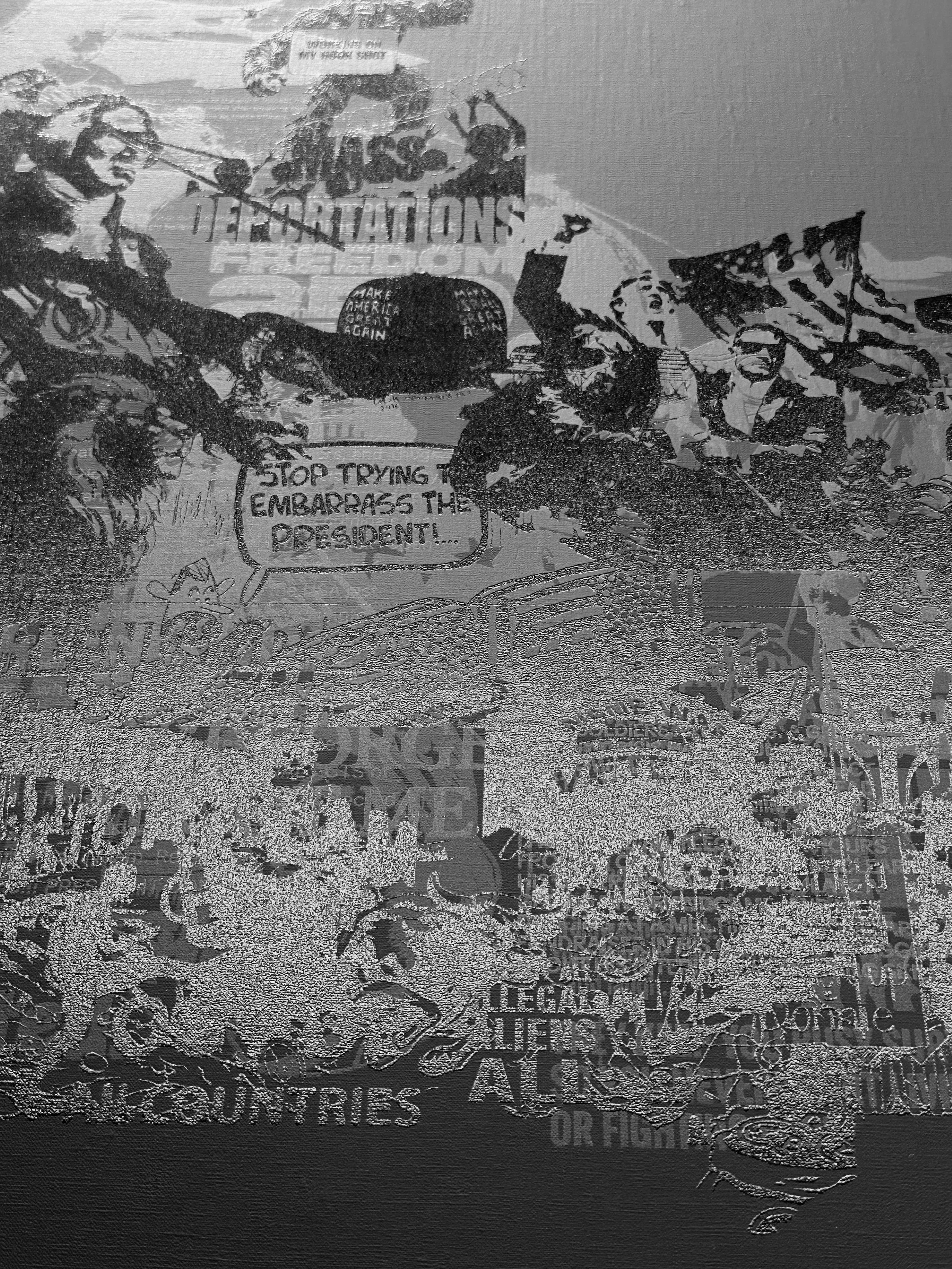 M 1.26 (detail of meme before the layers), screenprint on canvas, 41 x 72in, 2026