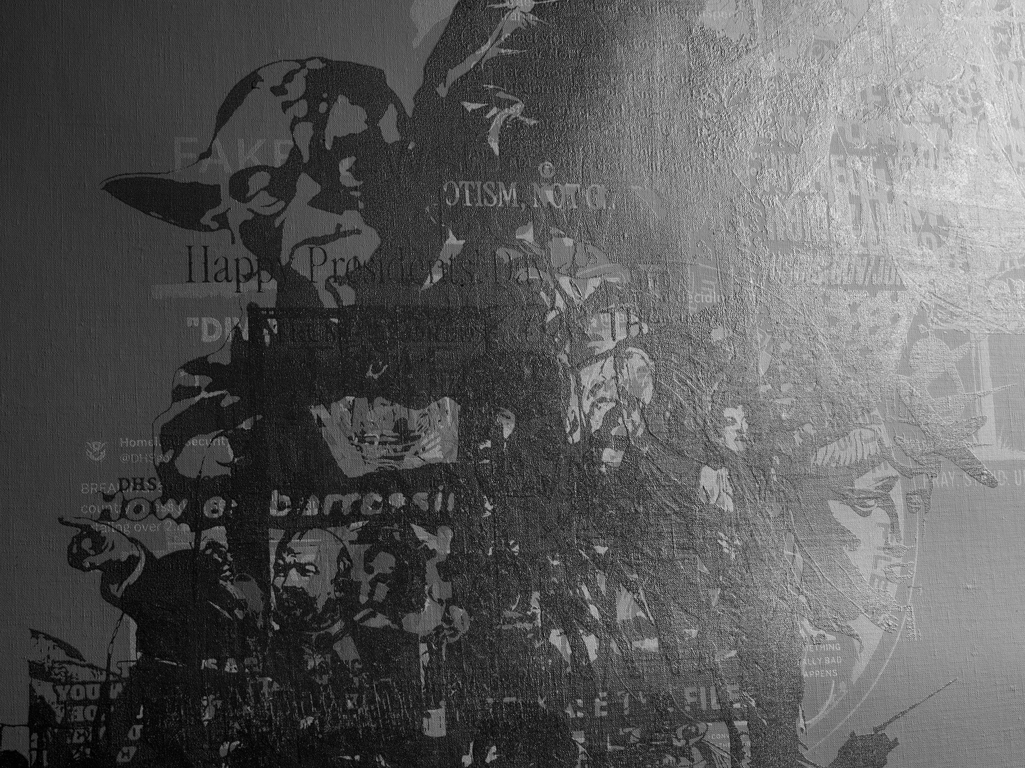 Detail of Cassandra Zampini’s Memes No. 3, showing screenprinted meme imagery and fragments of text emerging through dense black layers. IMage of Yoda from Star Wars, Lady Liberty, and cartoons and various text.