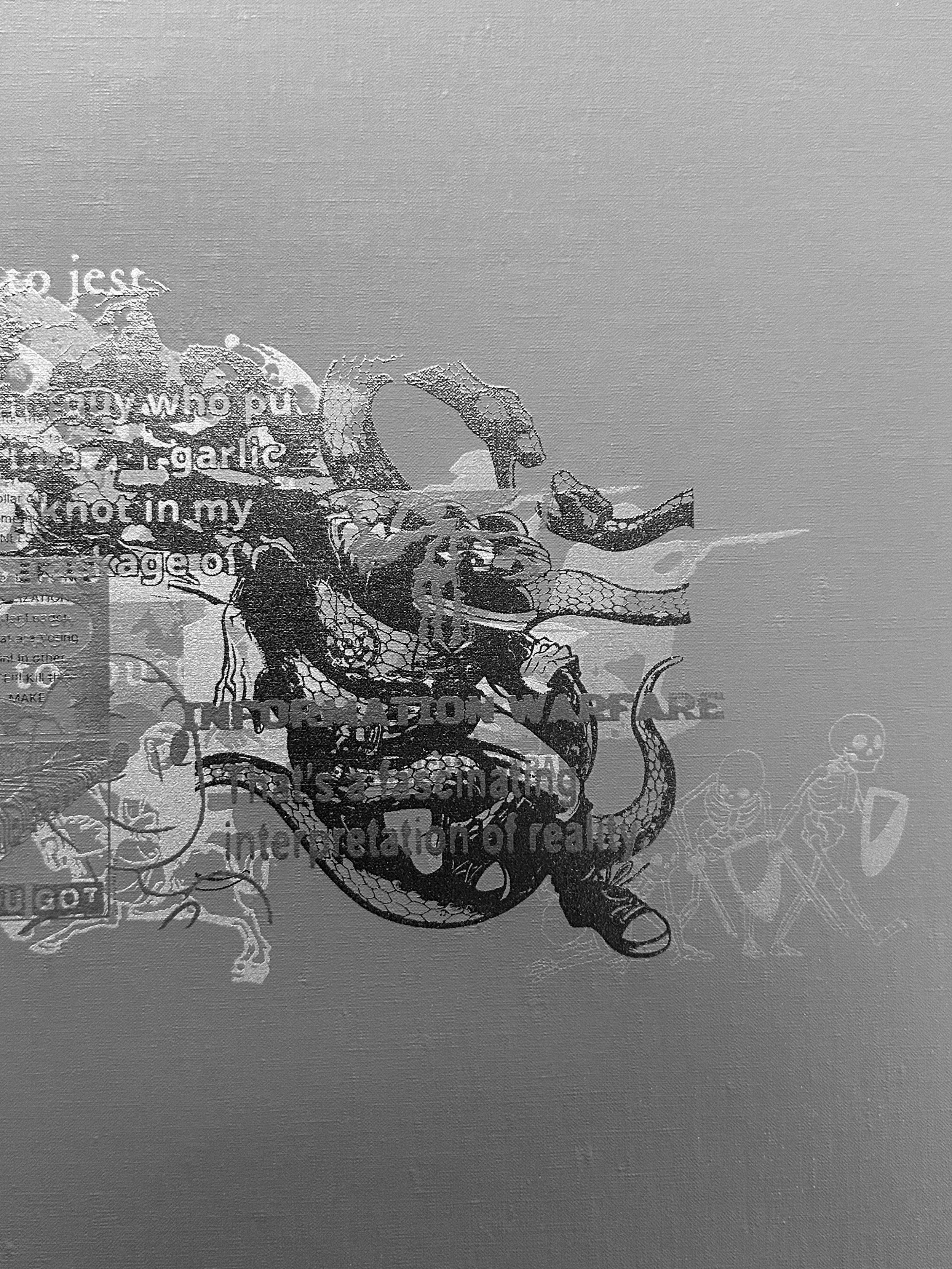 M 1.26 (detail of meme before the layers), screenprint on canvas, 41 x 72in, 2026