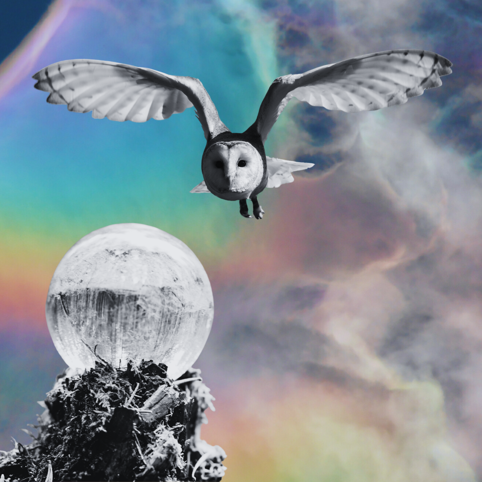 Owl with crystal ball and iridescent sky