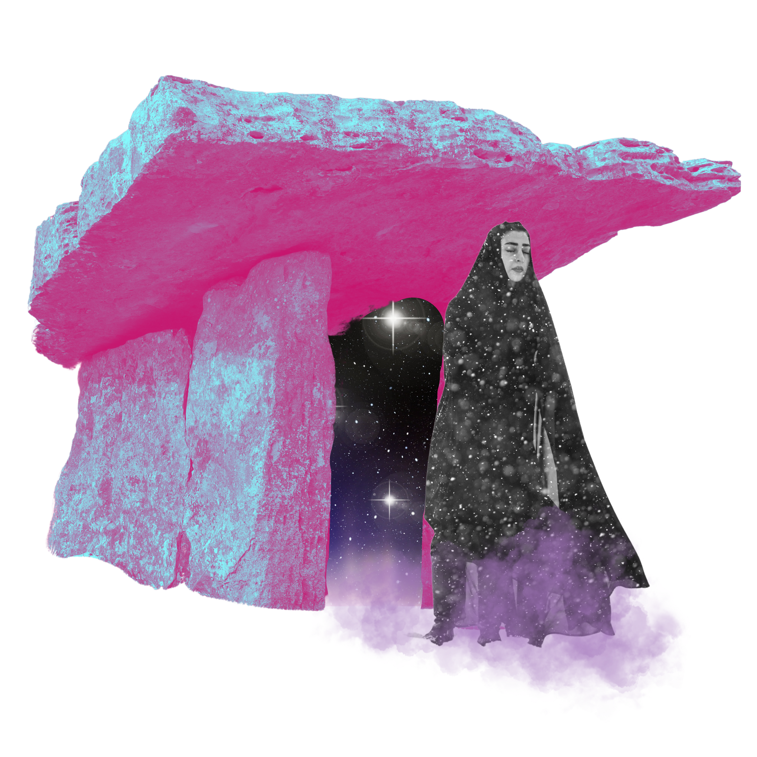 A grayscale woman with closed eyes, wearing a hooded garment, surrounded by starry space elements, standing next to a large pink and blue rock formation with a cosmic background.
