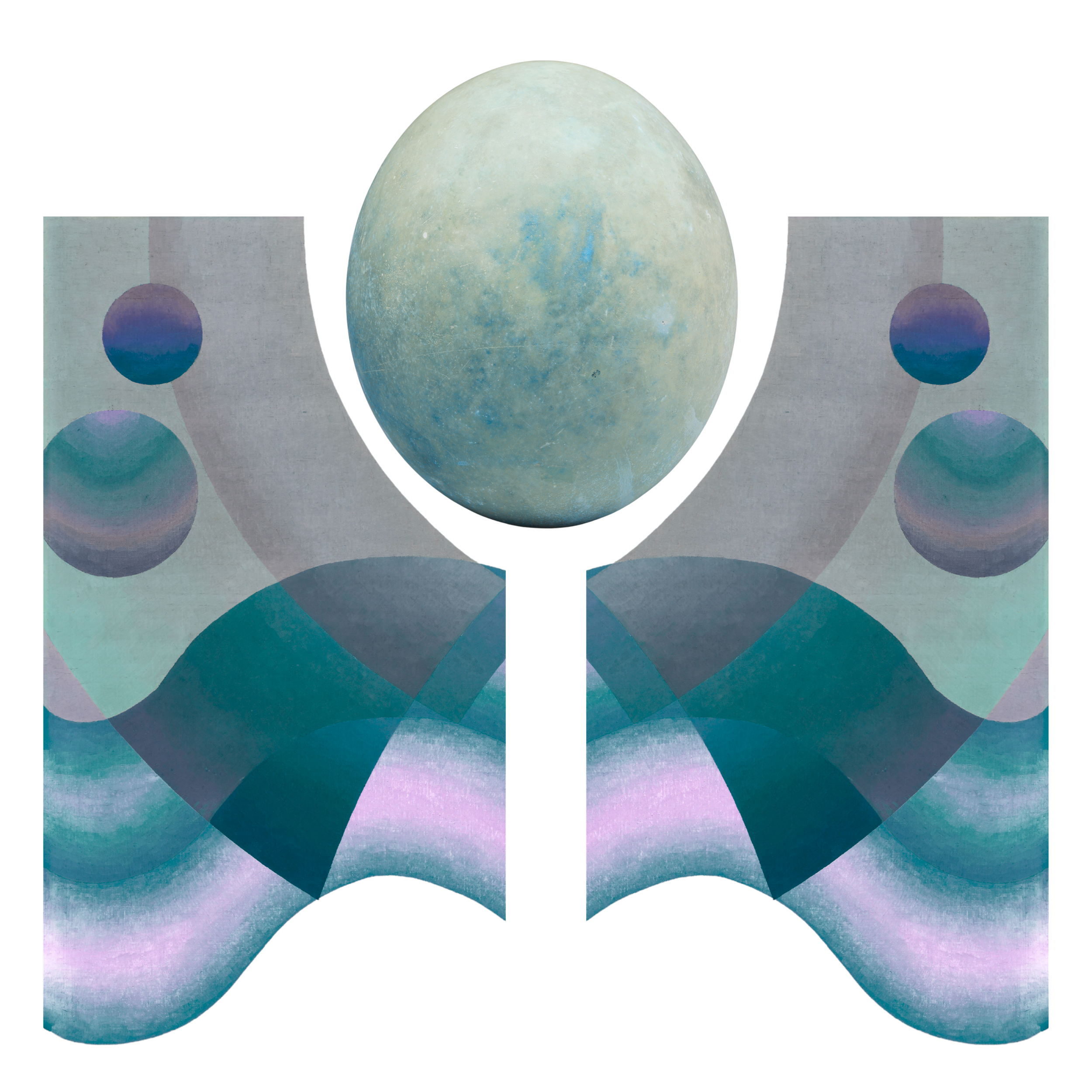 Digital art of a stylized humanoid figure with circular patterns and colorful gradients, with a large egg-shaped head in the center.