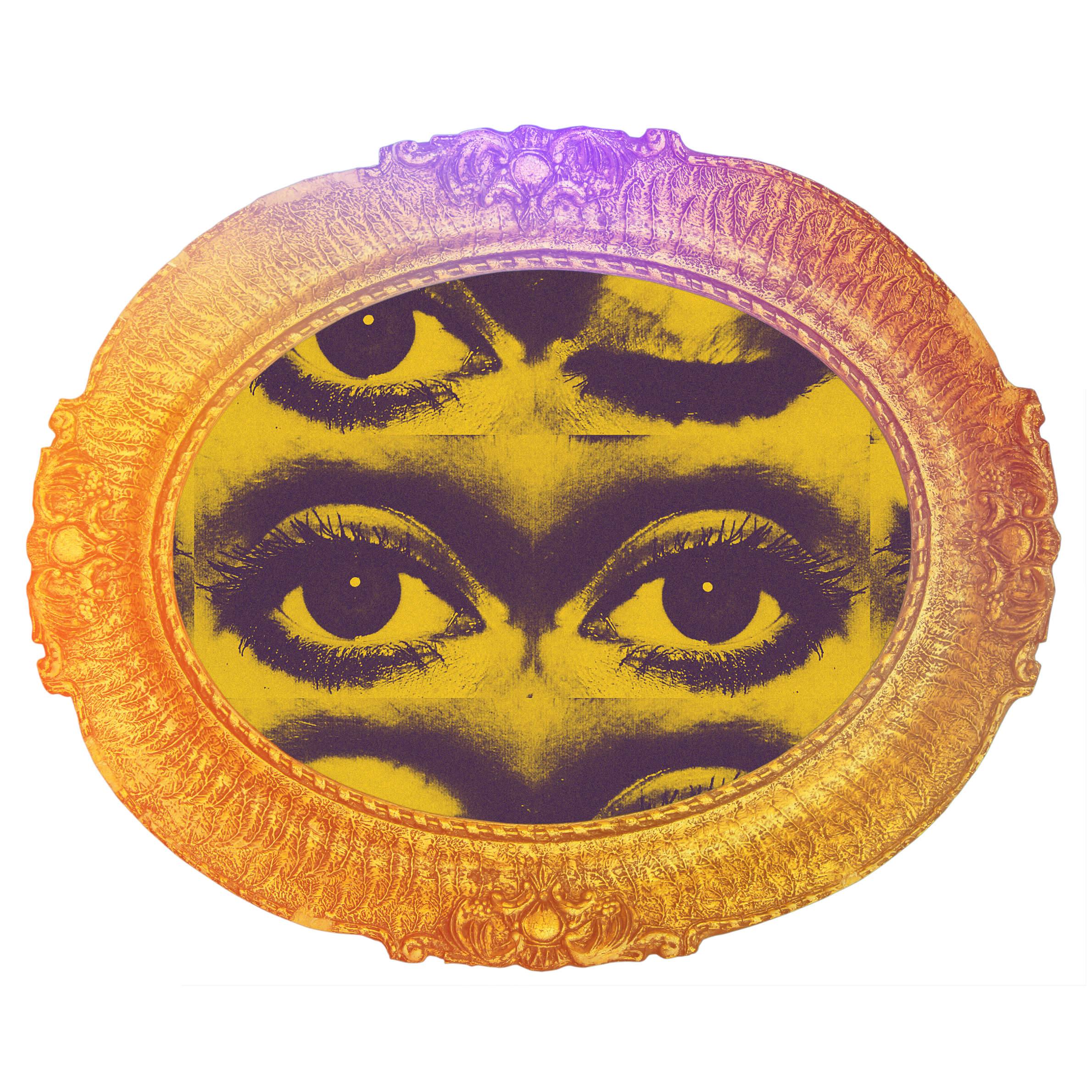 Close-up of a postage stamp featuring a woman's face with large eyes, framed by an ornate, colorful border with shades of purple, orange, and yellow.