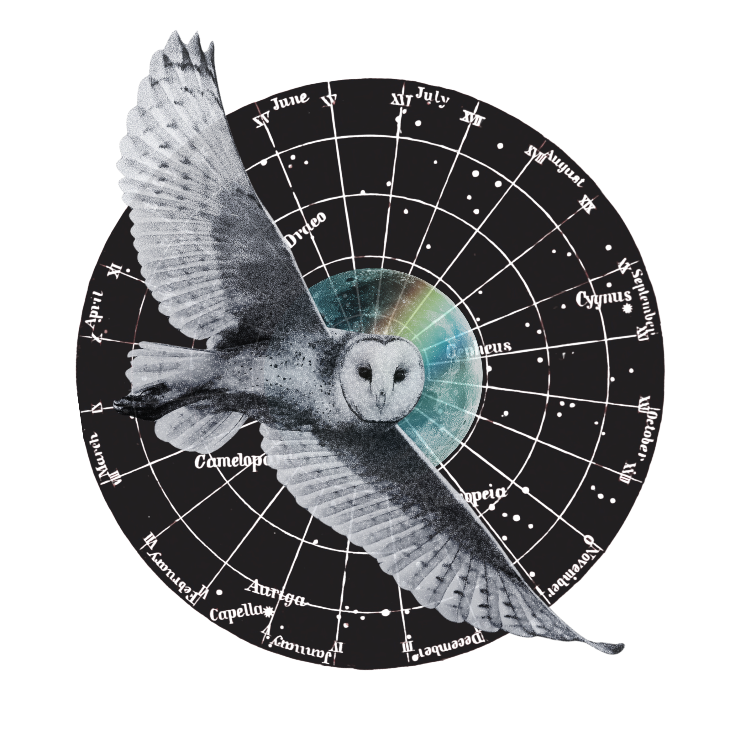 A digital collage featuring a gray owl with outstretched wings, a small green planet, and a circular zodiac chart with red and black markings on a black background.