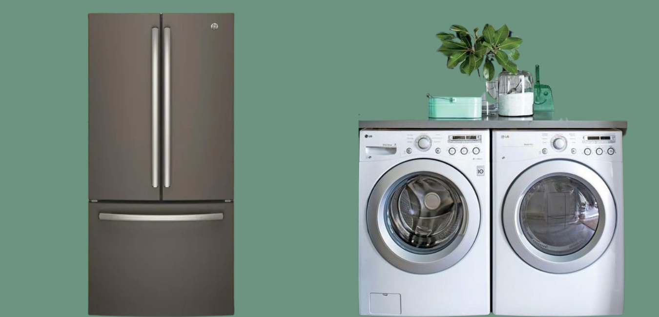 A fridge, a washer, and a dryer.