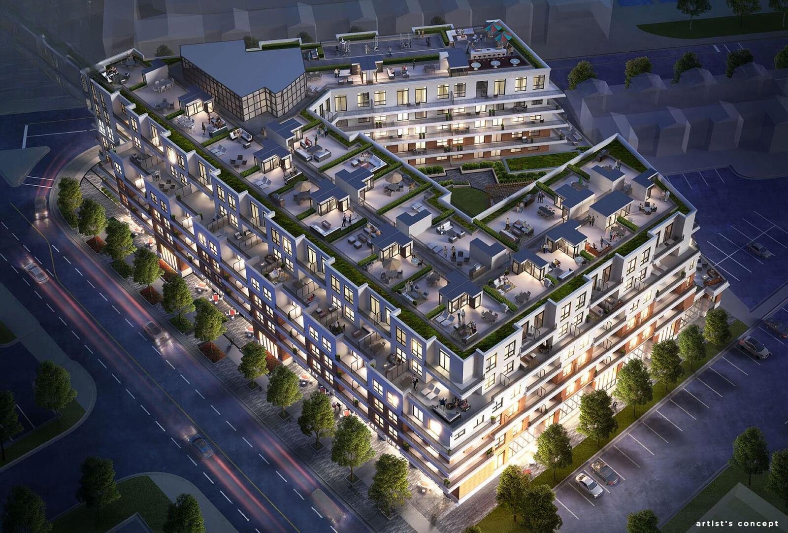 Architectural rendering of a modern multi-story apartment building with rooftop terraces, gardens, and illuminated streets.