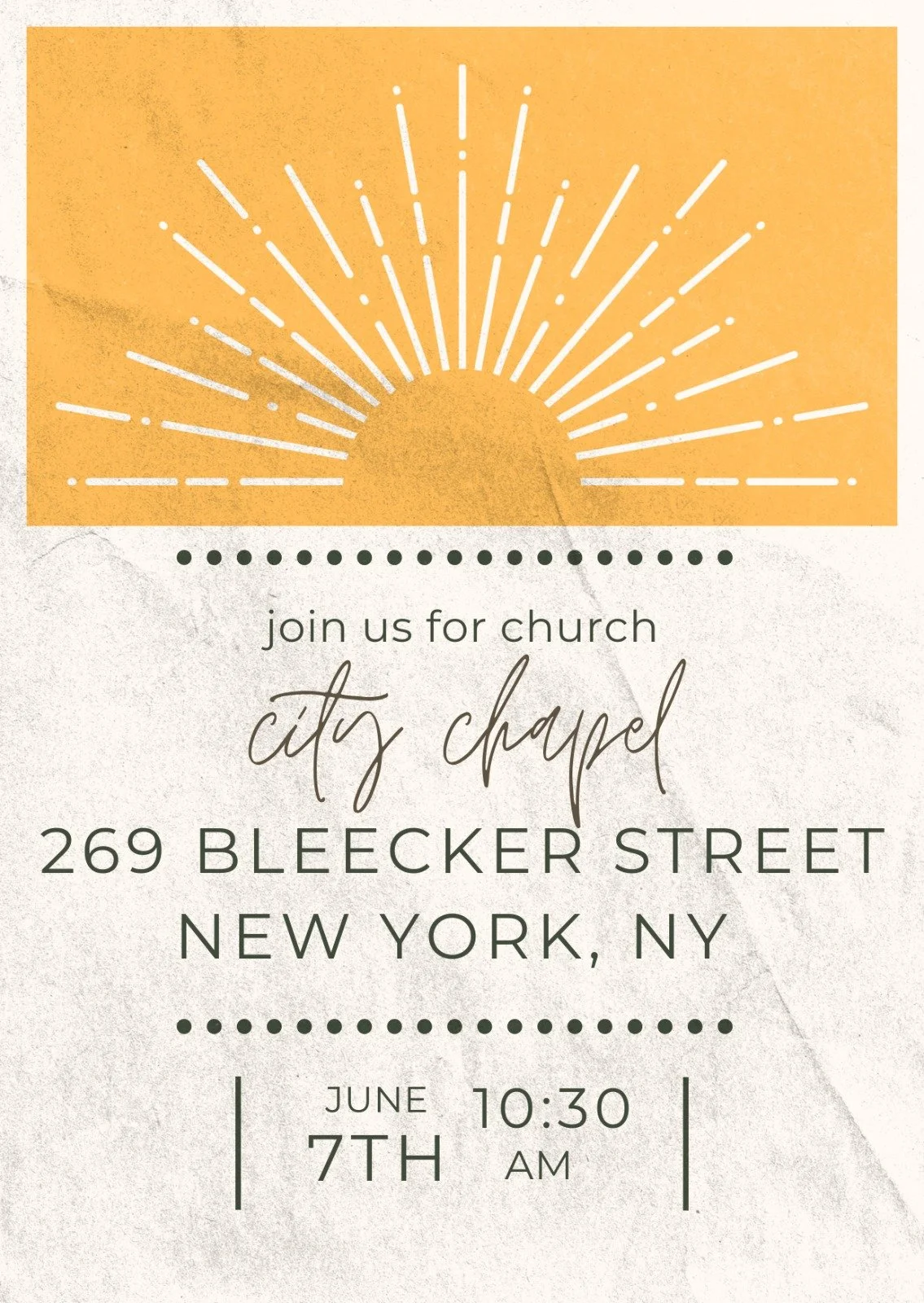 See you Sunday, family ☀️

Join us on June 7th at 10:30AM at 269 Bleecker Street. Come worship with us, connect with others, and start your week centered on what matters most. We'd love to see you there! ✨