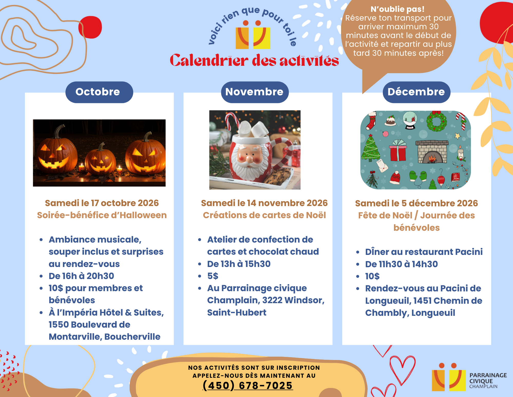 Calendrier des activités pour l’automne 2026