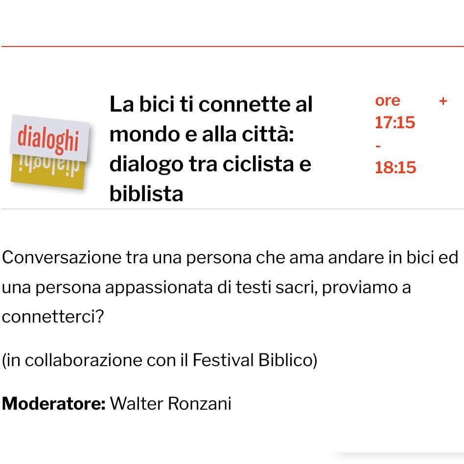 3/5 - le nostre Tavole Rotonde :
🌀🌐⏺🔴🟠🟡🟢🔵🟣🧠⚧⭕️♻️
Domenica 29 maggio, ore 17.15 - 18.15
La bici ti connette al mondo e alla citt&agrave;: dialogo tra ciclista e biblista

Conversazione tra una persona che ama andare in bici ed una persona app