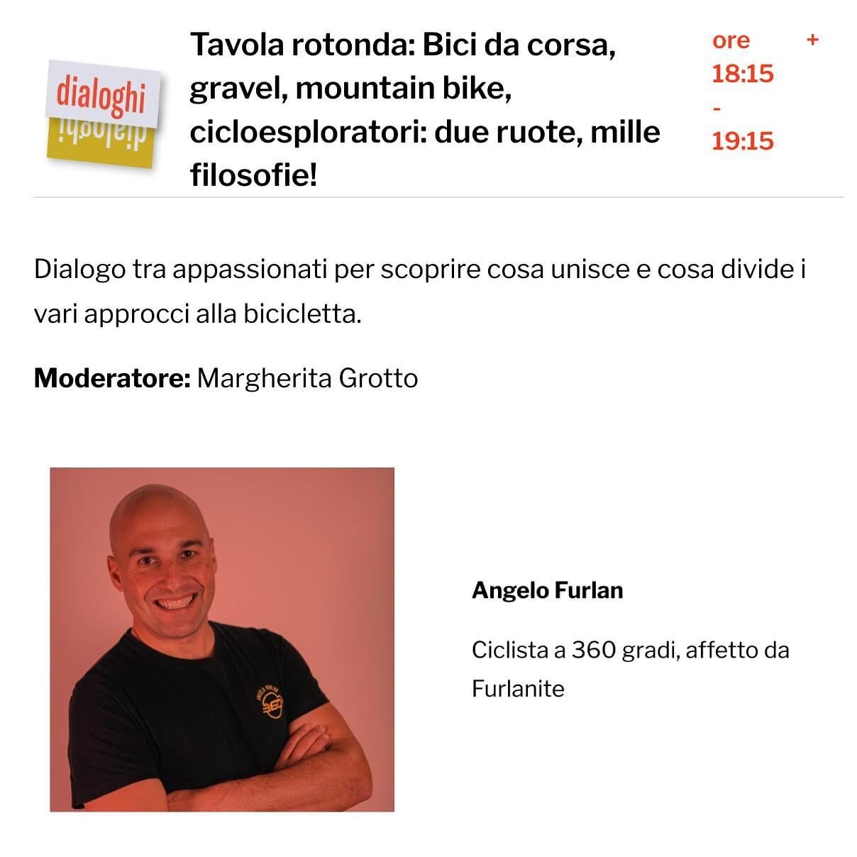4/5 - le nostre Tavole Rotonde :
🟠🟡🧠♻️🟢🟣🟢♻️🧠🟡🟠
Domenica 29 maggio, ore 18.15 - 19.15
Bici da corsa, gravel, mountain bike, cicloesploratori: due ruote, mille filosofie!

Dialogo tra appassionati per scoprire cosa unisce e cosa divide i vari 