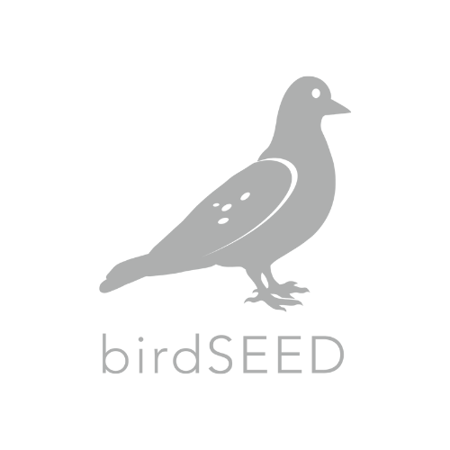 A stylized gray pigeon illustration with the text 'birdSEED' underneath.