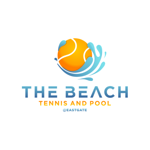 Logo for The Beach Tennis and Pool, featuring a tennis ball with water splashes.