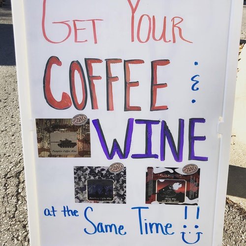 Coffee wine sidewalk sign outside Leavenworth winery