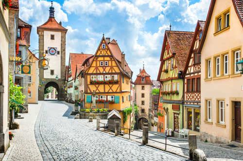 Half timbered houses on a cobblestone German street