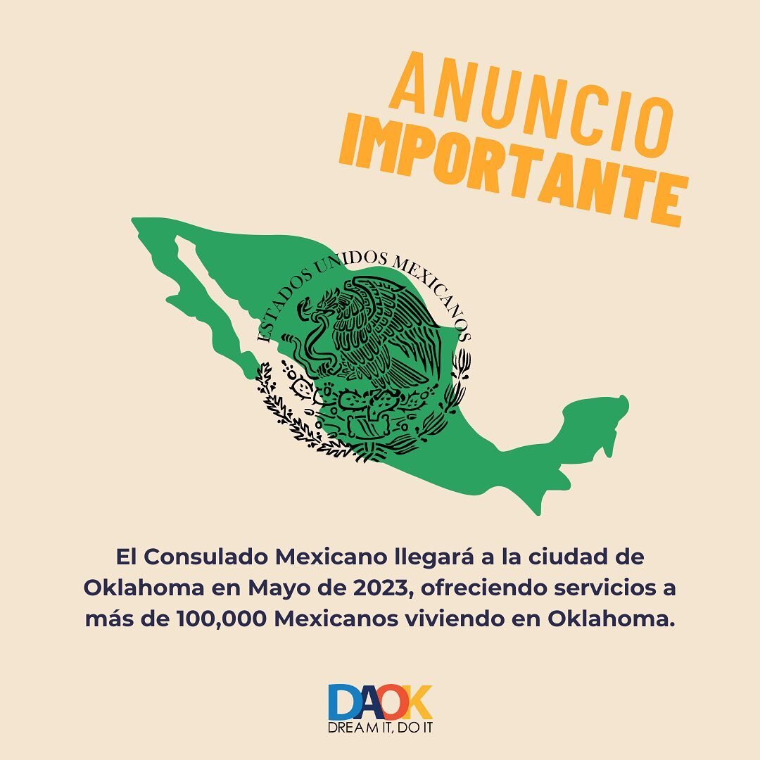 📢&iexcl;Buenas noticias para nuestra comunidad mexicana en la ciudad de Oklahoma! El Consulado de M&eacute;xico 🇲🇽 llega en Mayo de 2023 para ofrecer servicios a m&aacute;s de 100,000 mexicanos que residen en Oklahoma. Est&eacute;n atentos para m&