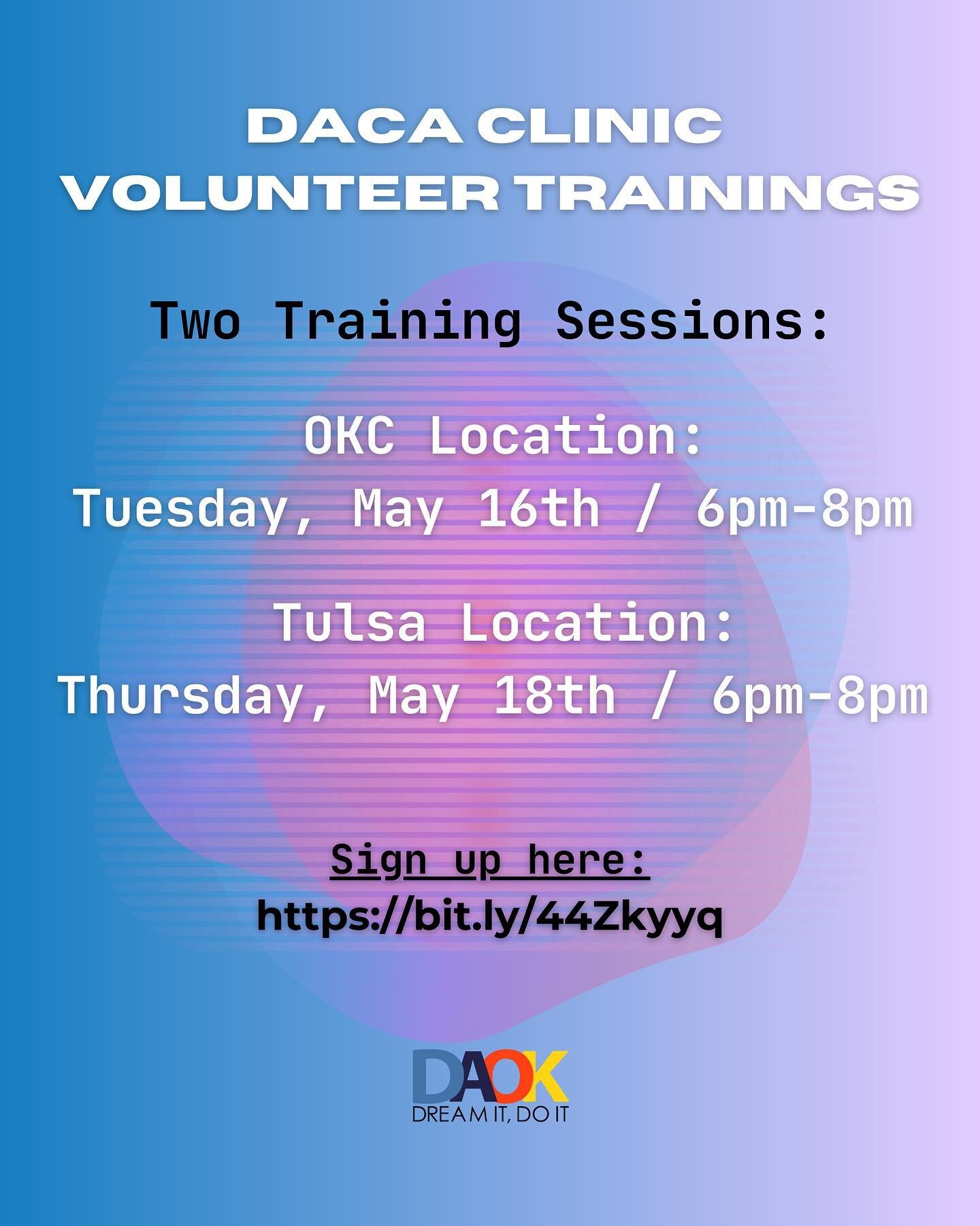 Hi friends! We're excited to announce that we'll be resuming our in-person DACA clinics this month. 💫 To ensure a smooth transition, we're seeking volunteers to support community at our clinics. This week, we have two training sessions lined up. Sig
