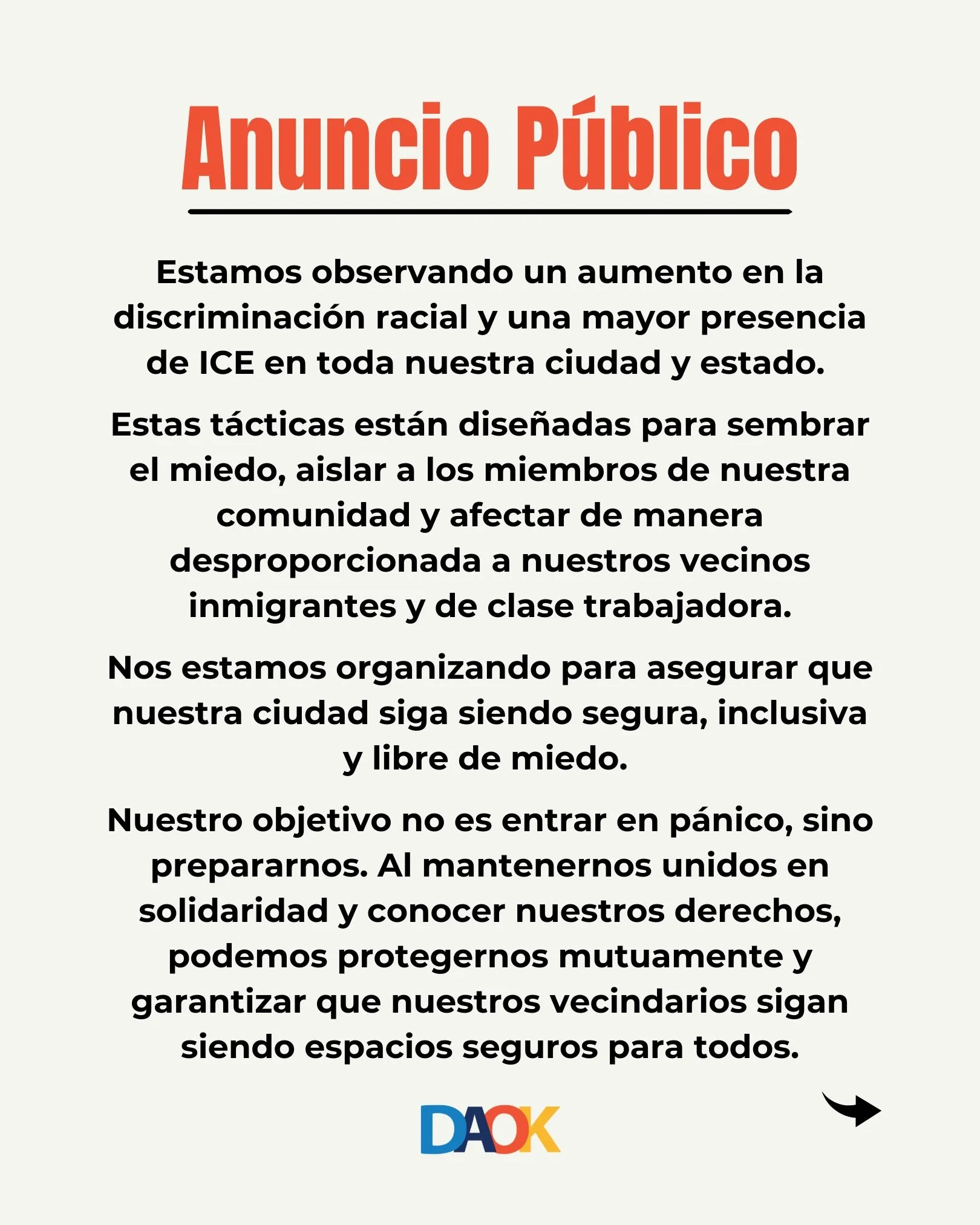 🚨 AVISO P&Uacute;BLICO
Estamos observando un aumento en el perfilamiento racial y una mayor presencia de ICE en todo Oklahoma.
Estas t&aacute;cticas buscan sembrar miedo y aislar a nuestras comunidades inmigrantes y trabajadoras. Nuestra respuesta n
