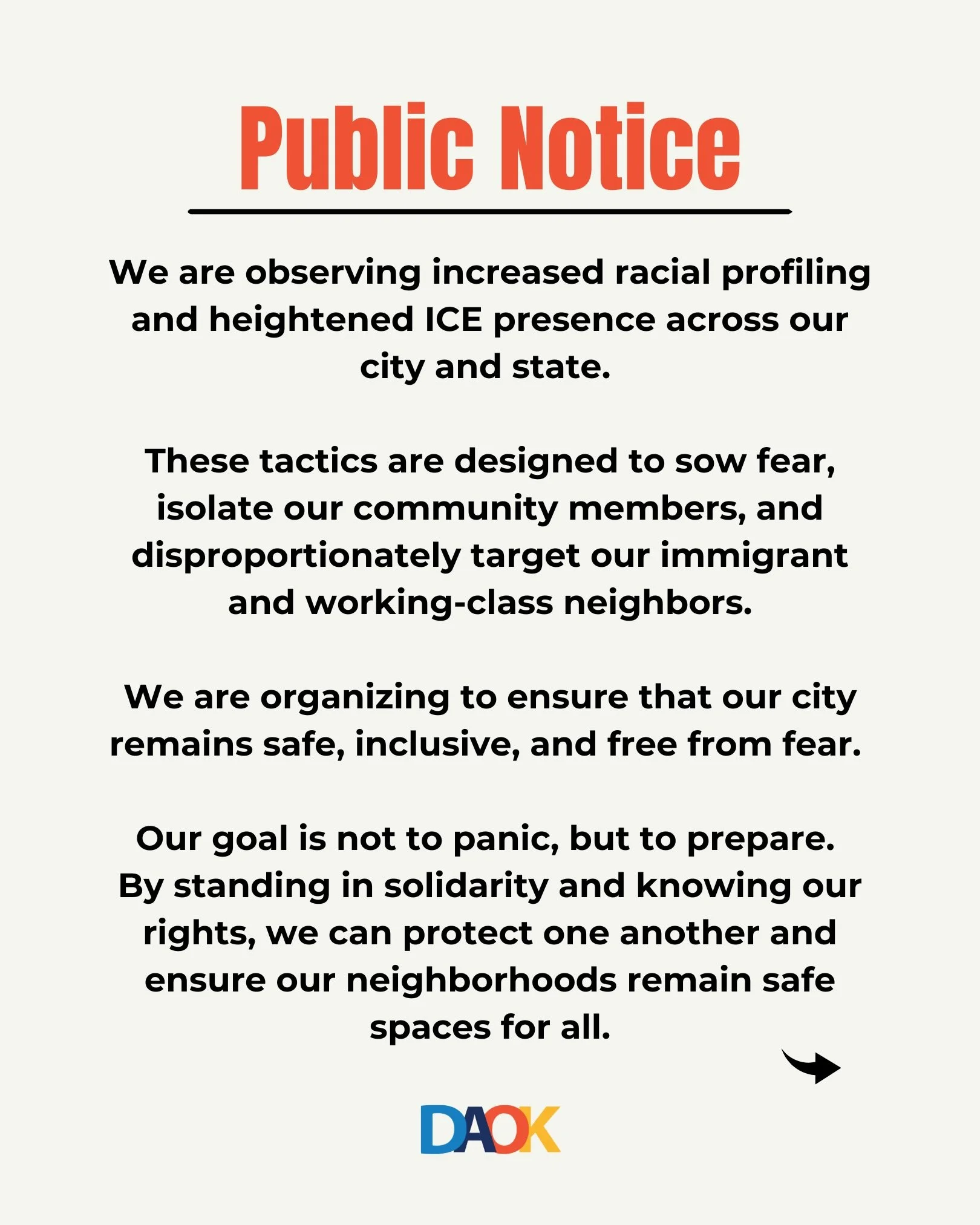 🚨 PUBLIC NOTICE 
We are observing increased racial profiling and heightened ICE enforcement across Oklahoma.
These tactics are designed to create fear and isolate immigrant and working-class communities. Our response is not panic, it is preparation,