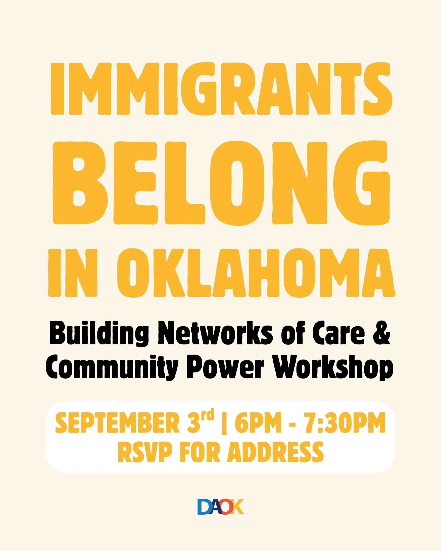 IMMIGRANTS BELONG IN OKLAHOMA AND BELONGING IS SOMETHING WE BUILD TOGETHER.🏡✊🏽

Join us for our Immigrants Belong in Oklahoma: Building Networks of Care &amp; Community Power workshop.

Together, we&rsquo;ll explore what it looks like to build stro