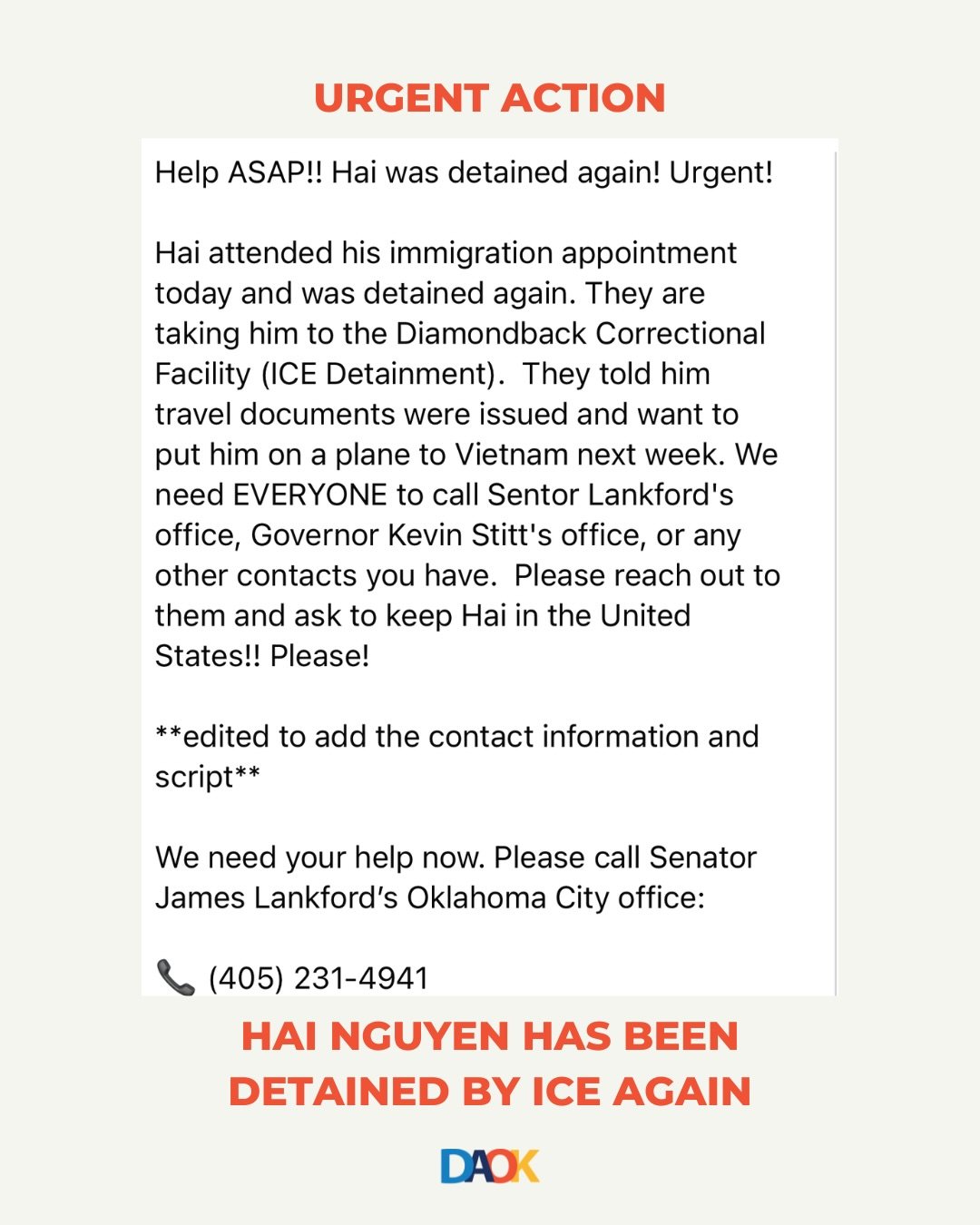 🚨 URGENT ACTION: HAI NGUYEN HAS BEEN DETAINED BY ICE AGAIN.

After months in ICE custody, Hai was reunited with his family. He recently attended his required immigration appointment and was detained again.

His family is asking our community to act.