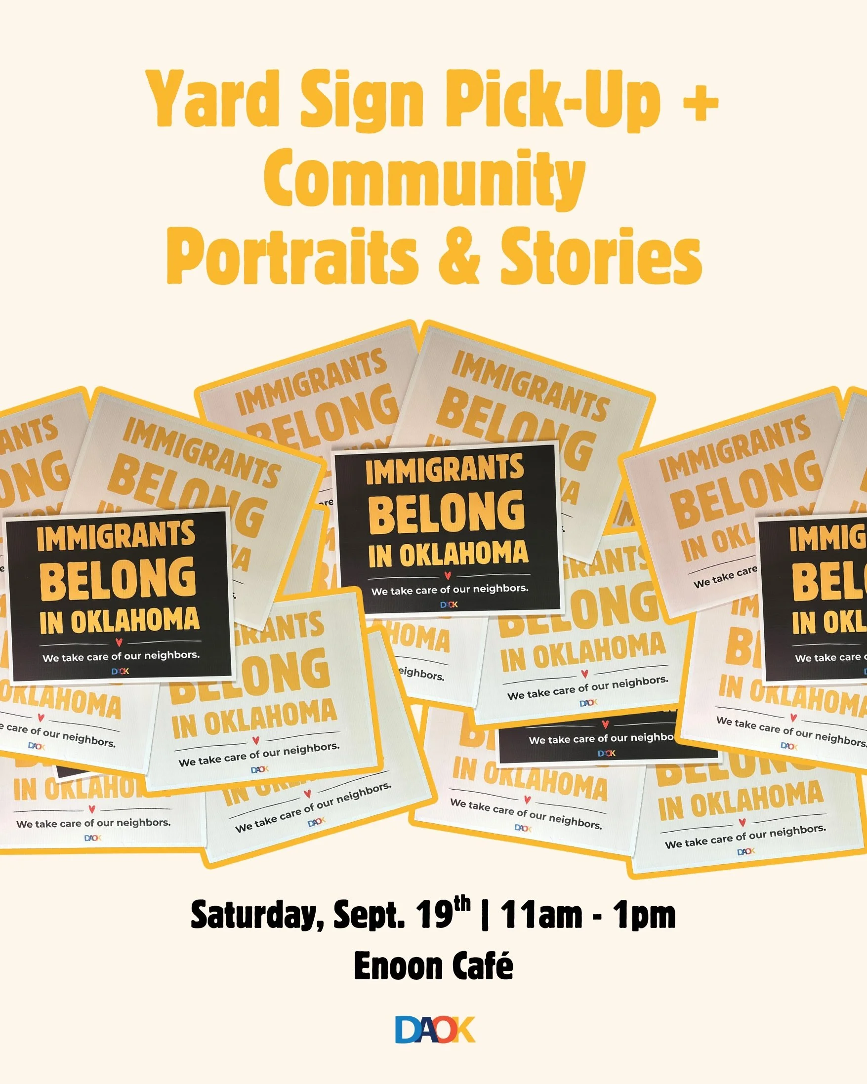 Make belonging visible where you live, work, and gather. 🪧

Come pick up an Immigrants Belong in Oklahoma yard sign for your home, business, organization, or community space. 🏡

We&rsquo;ll also have community resources you can take home and share 