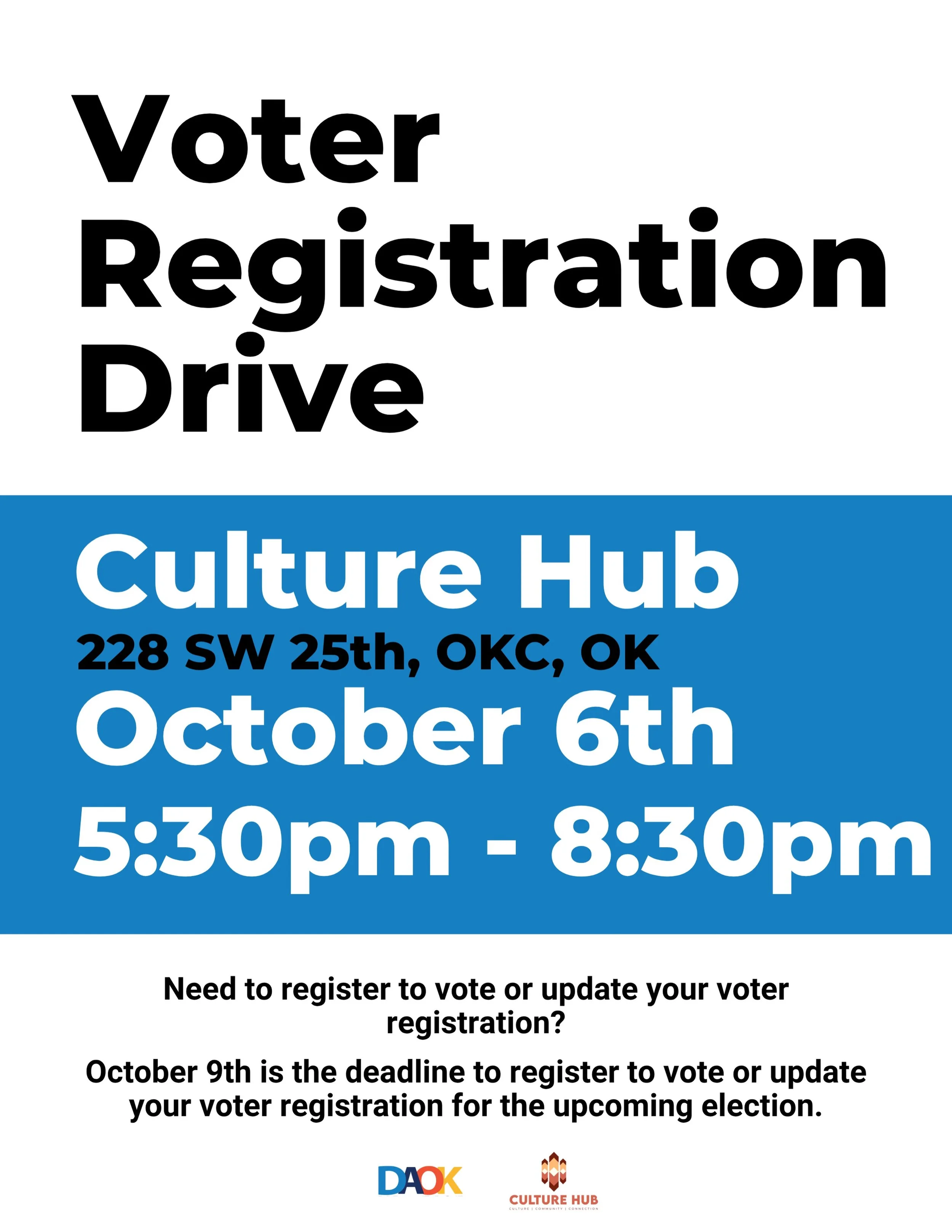 🗳️ Need to register to vote or update your voter registration?

Join us October 6th from 5:30&ndash;8:30 PM for a Voter Registration Drive. We&rsquo;ll be here to help you get registered ahead of the November 3rd General Election.

📅 October 6 ⏰ 5: