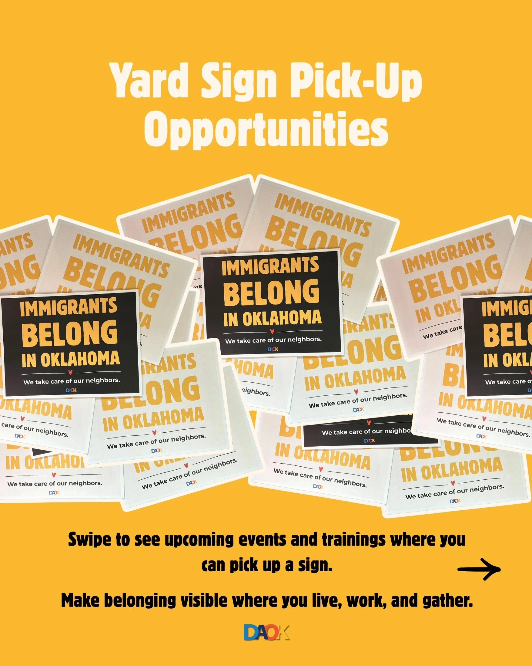 Want an Immigrants Belong in Oklahoma yard sign? 🪧
Here are upcoming events and trainings where you can pick one up. Swipe for dates, times, and locations. 👉
Grab a sign for your home, business, organization, or community space.
