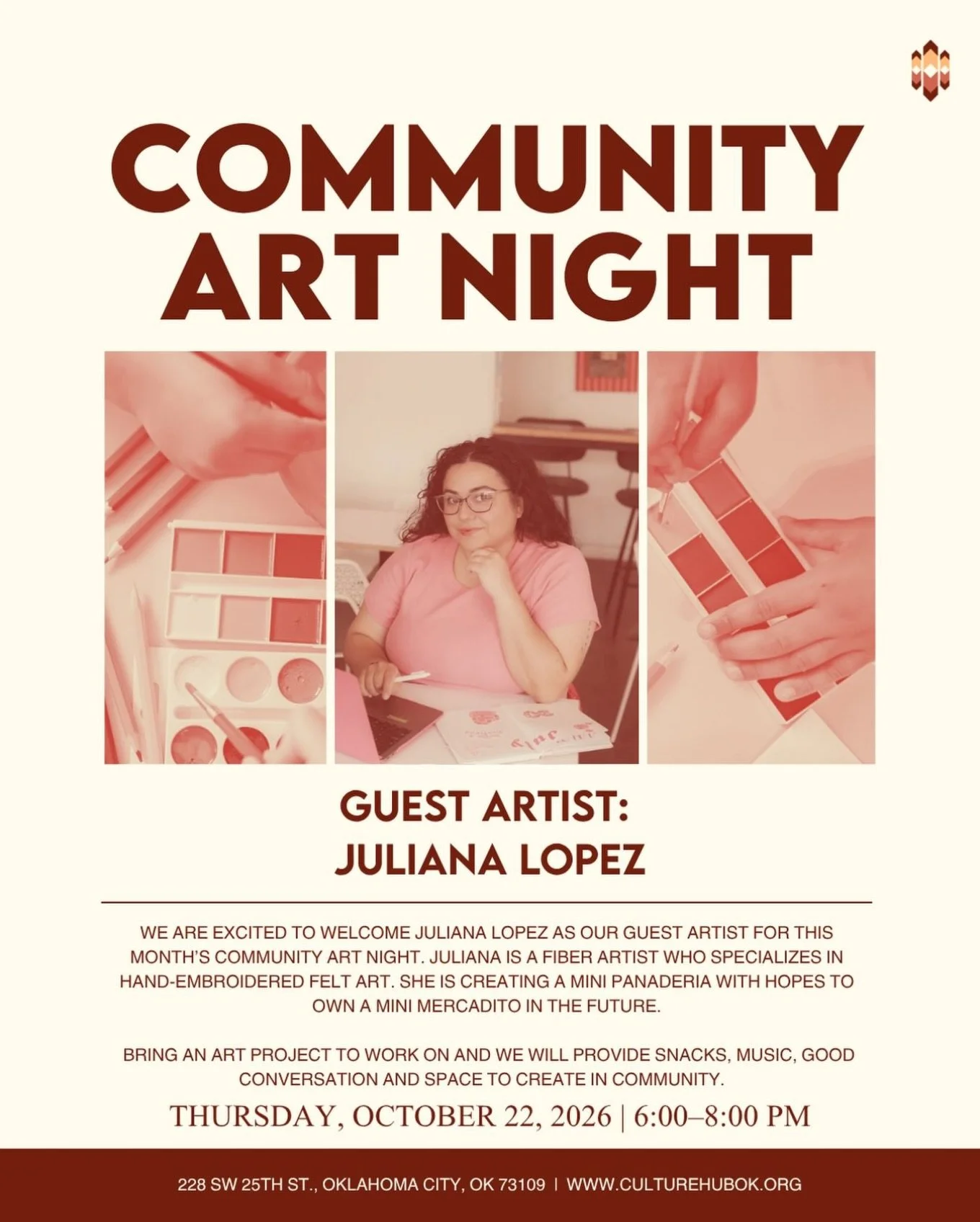 Community Art Night with @culturehubok 🎨
Join us for Community Art Night on Thursday, October 22, from 6&ndash;8 p.m. at Culture Hub!

This month, we&rsquo;re highlighting guest artist Juliana Lopez, who specializes in hand-embroidered felt art. She