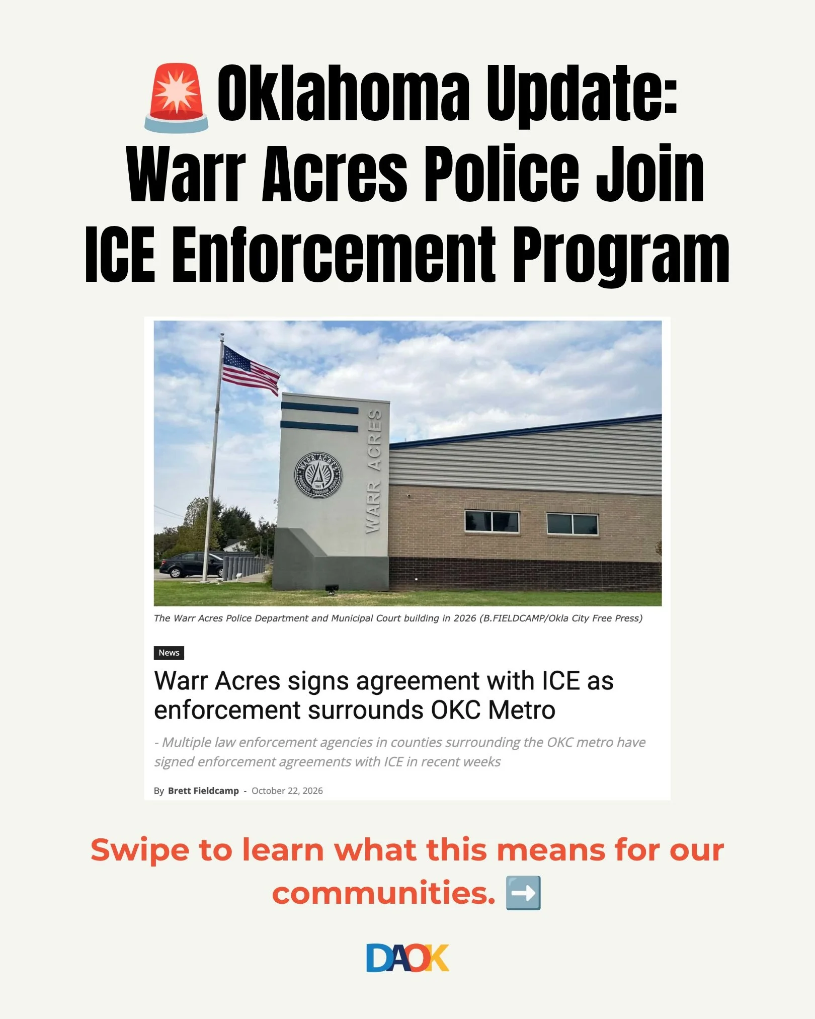 Warr Acres has joined the growing number of Oklahoma law enforcement agencies partnering with ICE through a 287(g) agreement.

These partnerships are expanding across the country, backed by federal funding incentives that reimburse participating agen