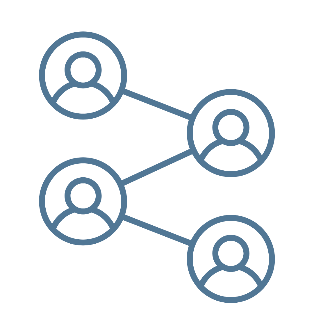 Icon of four human figures connected by lines, representing networking or social connections.