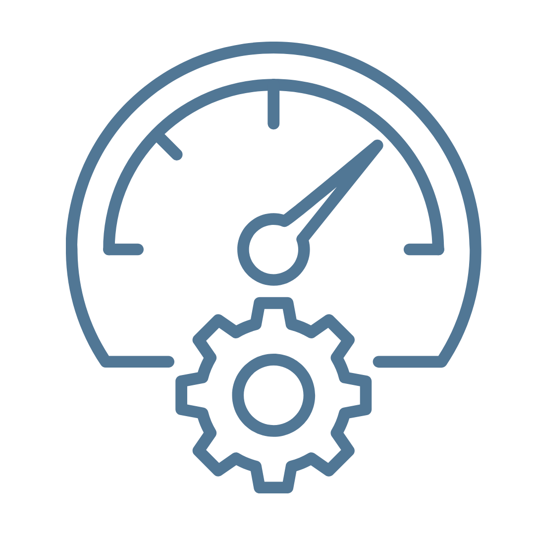 Line art icon of a speedometer with a gear at the bottom, symbolizing performance and settings.