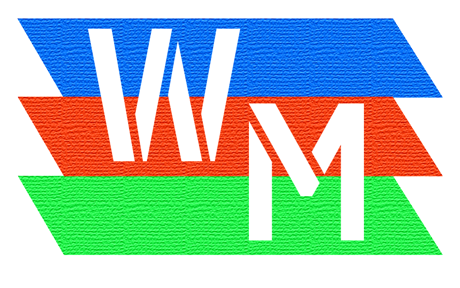 Logo with overlapping W, M, and matching color stripes of blue, red, and green.