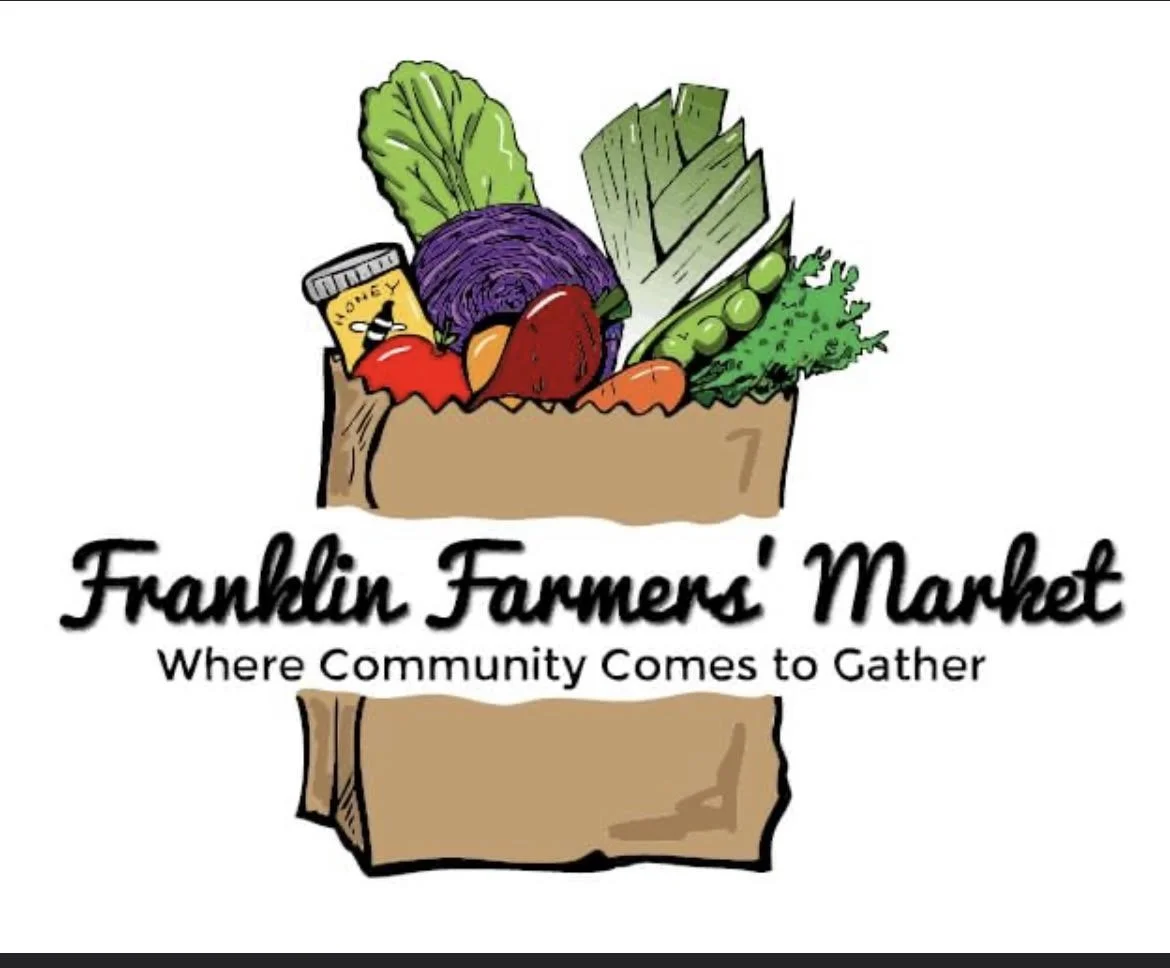 Illustration of a brown paper grocery bag filled with vegetables and a section of a can, with text reading "Franklin Farmers' Market" and "Where Community Comes to Gather".