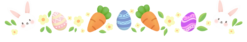 Easter-themed illustration with carrots, decorated eggs, bunny faces, and spring flowers.