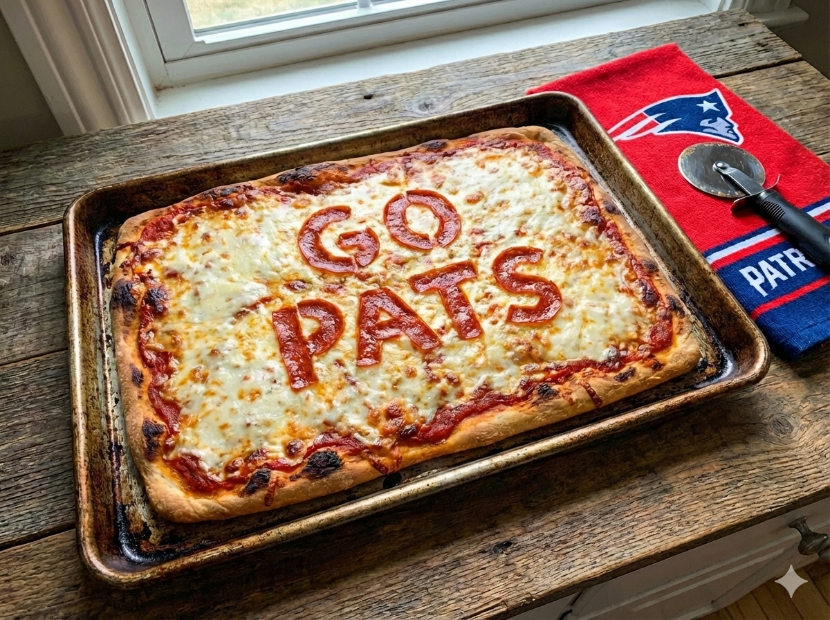 Half Sheet of GO Pats SUPER BOWL Pizza