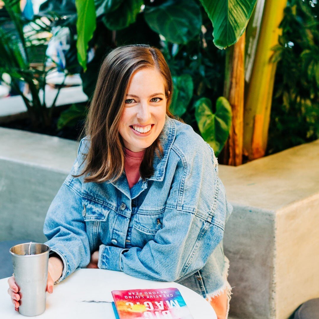 Pictured: 👉🏻 Me, Erica, with makeup on (only happens about once a month)⁠
👉🏻 One of my favorite books of all time (Big Magic by the wonderful Elizabeth Gilbert, I recommend this to any sort of creative or entrepreneur. Have you read it??)⁠
👉🏻 T