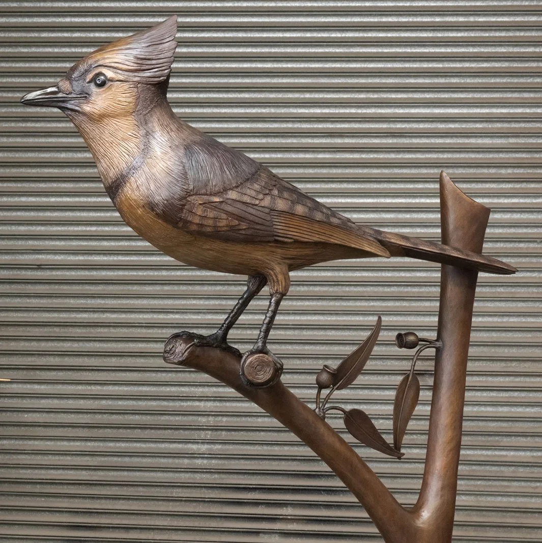  “Jaybird” Commissioned by the Past and Present Dealers to recognise Gerry, Val and the Ryan family for 50 years of Jayco. bronze – “Jaybird” 134 cm long - total height with tree and base 200 cm.