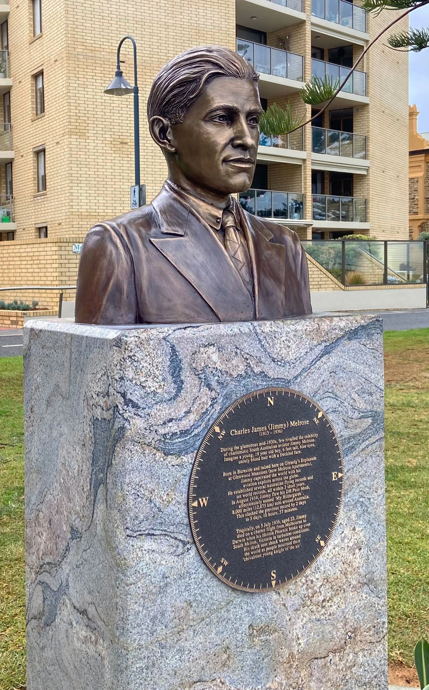 “Jimmy Melrose” Commissioned by Holdfast Bay City Council to celebrate the life and achievements of Aviator - Charles James (Jimmy) Melrose (1913 –1936). Foreshore, Glenelg, South Australia